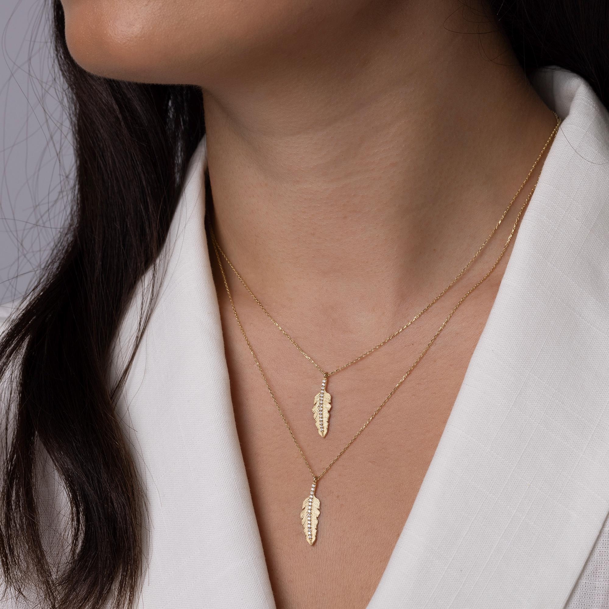 14K Solid Gold Feather Necklace - Real Gold Leaf Pendant