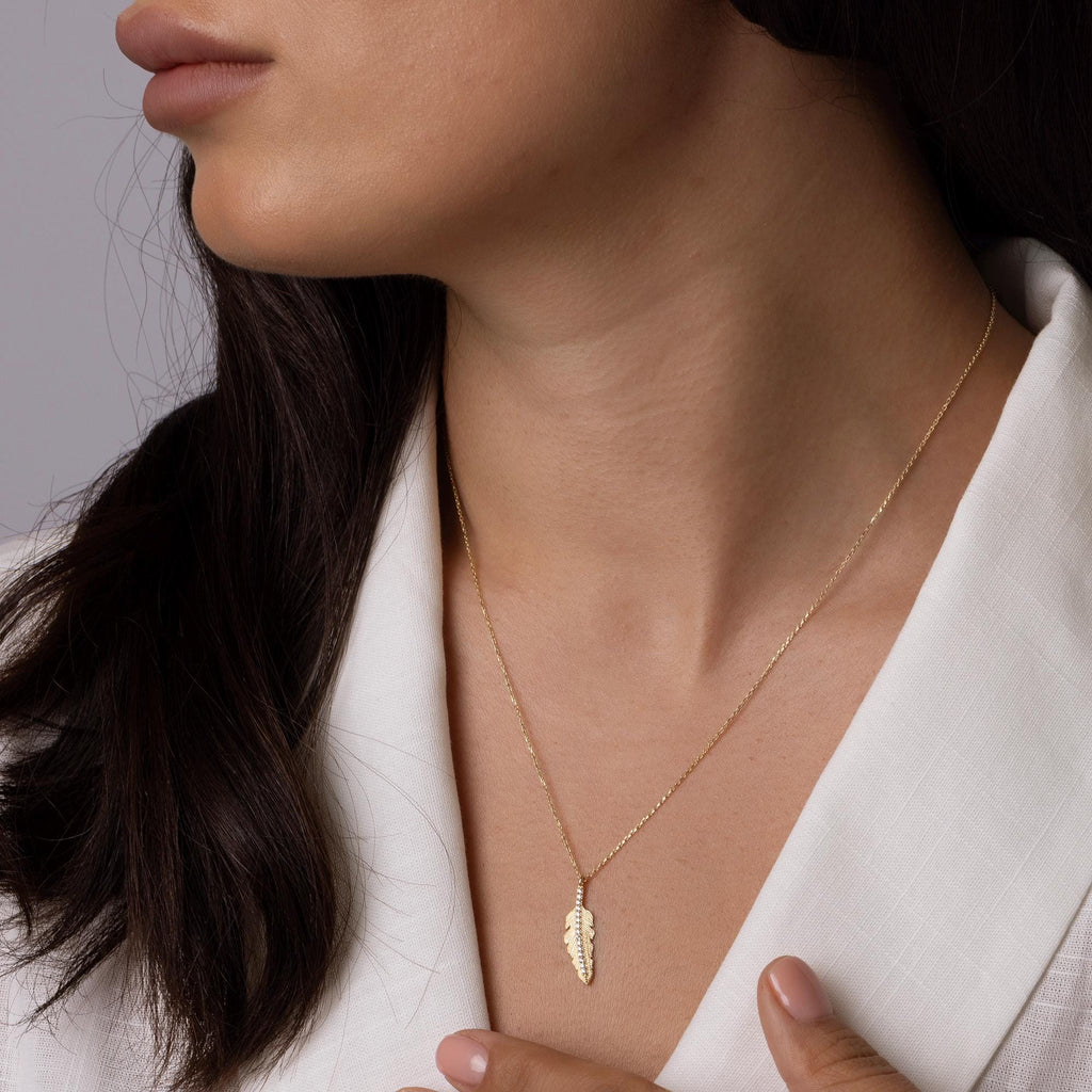 14K Solid Gold Feather Necklace - Real Gold Leaf Pendant