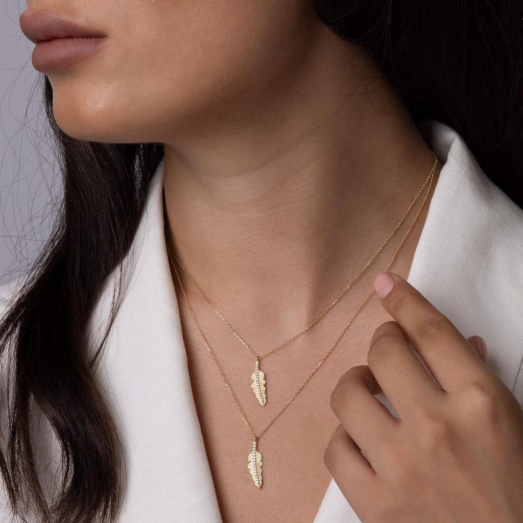 14K Solid Gold Feather Necklace - Real Gold Leaf Pendant
