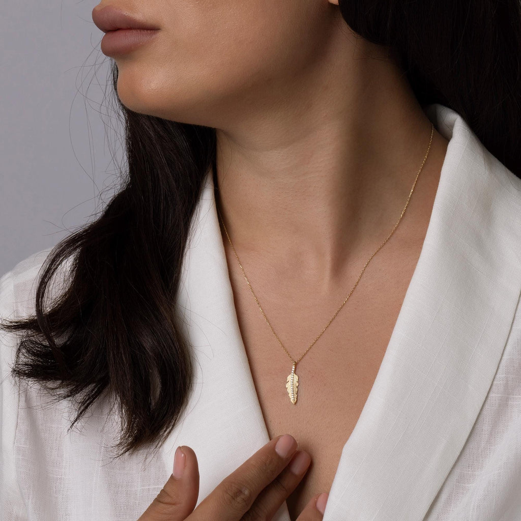 14K Solid Gold Feather Necklace - Real Gold Leaf Pendant