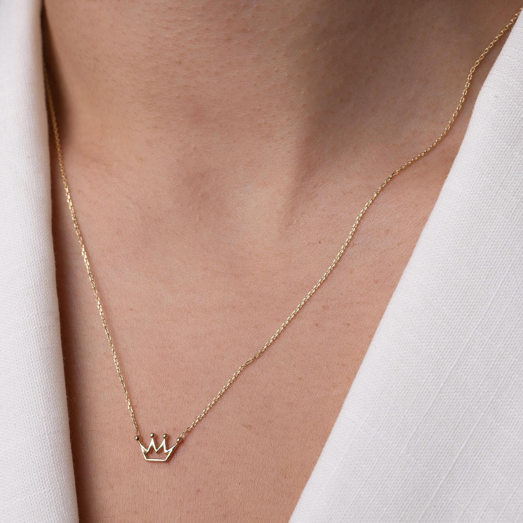 14K Solid Gold Crown Necklace - Dainty Royal Pendant