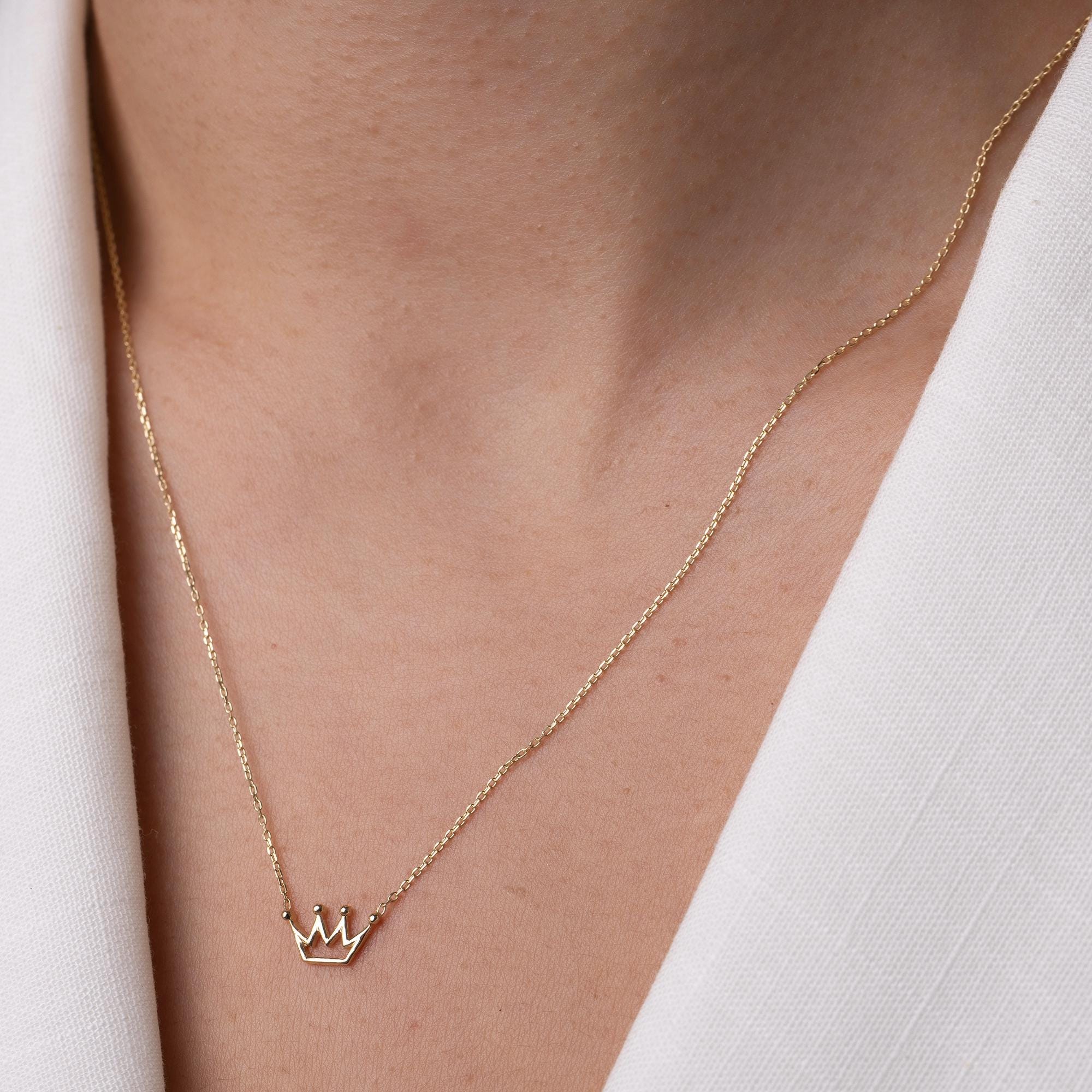 14K Solid Gold Crown Necklace - Dainty Royal Pendant