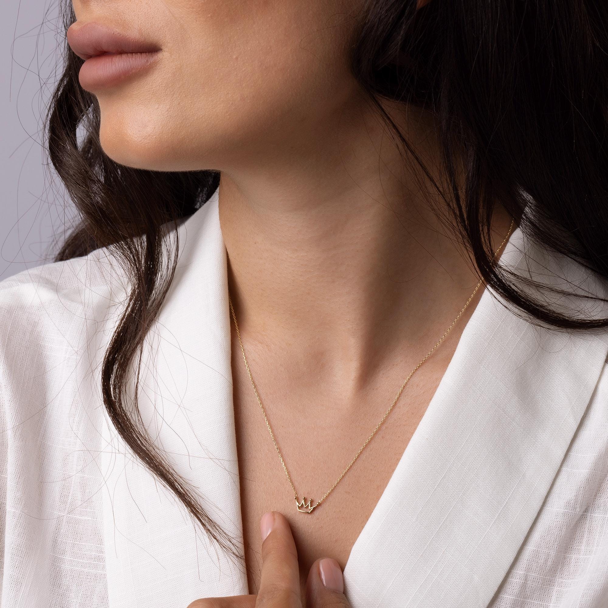 14K Solid Gold Crown Necklace - Dainty Royal Pendant