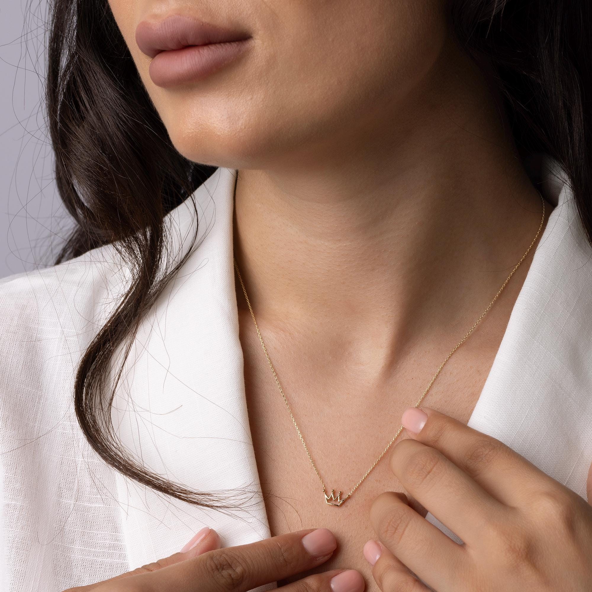 14K Solid Gold Crown Necklace - Dainty Royal Pendant