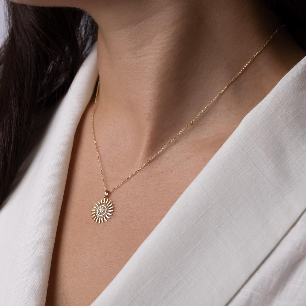 14K Solid Gold Sun Necklace - Real Gold Sun Pendant