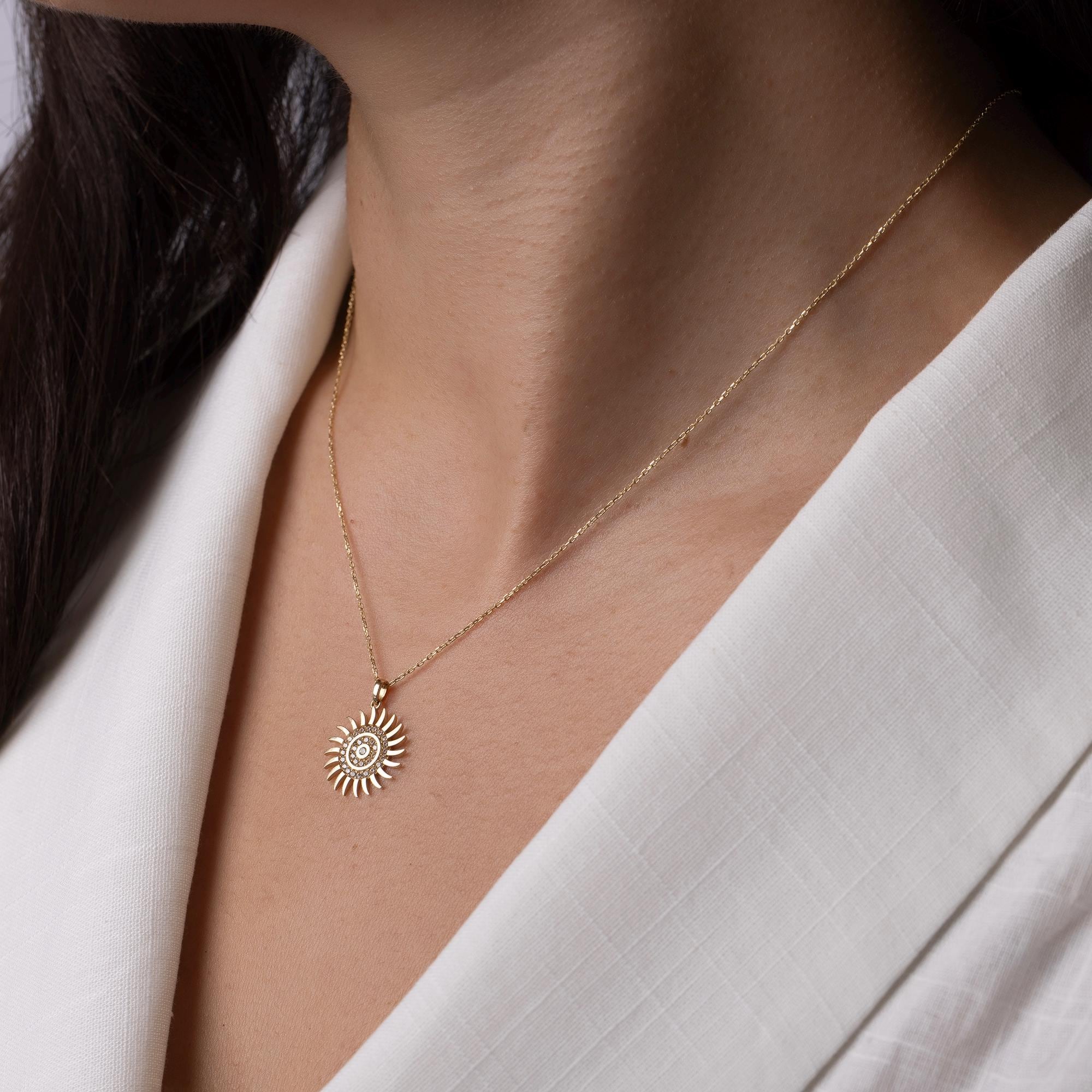 14K Solid Gold Sun Necklace - Real Gold Sun Pendant