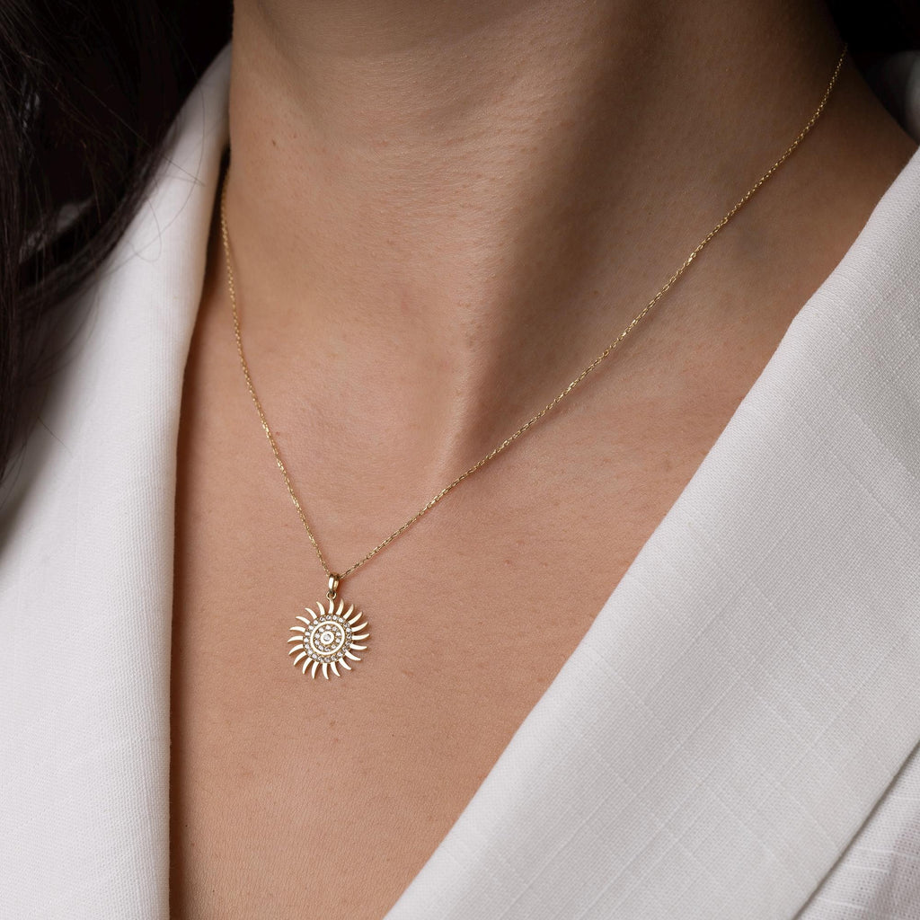14K Solid Gold Sun Necklace - Real Gold Sun Pendant
