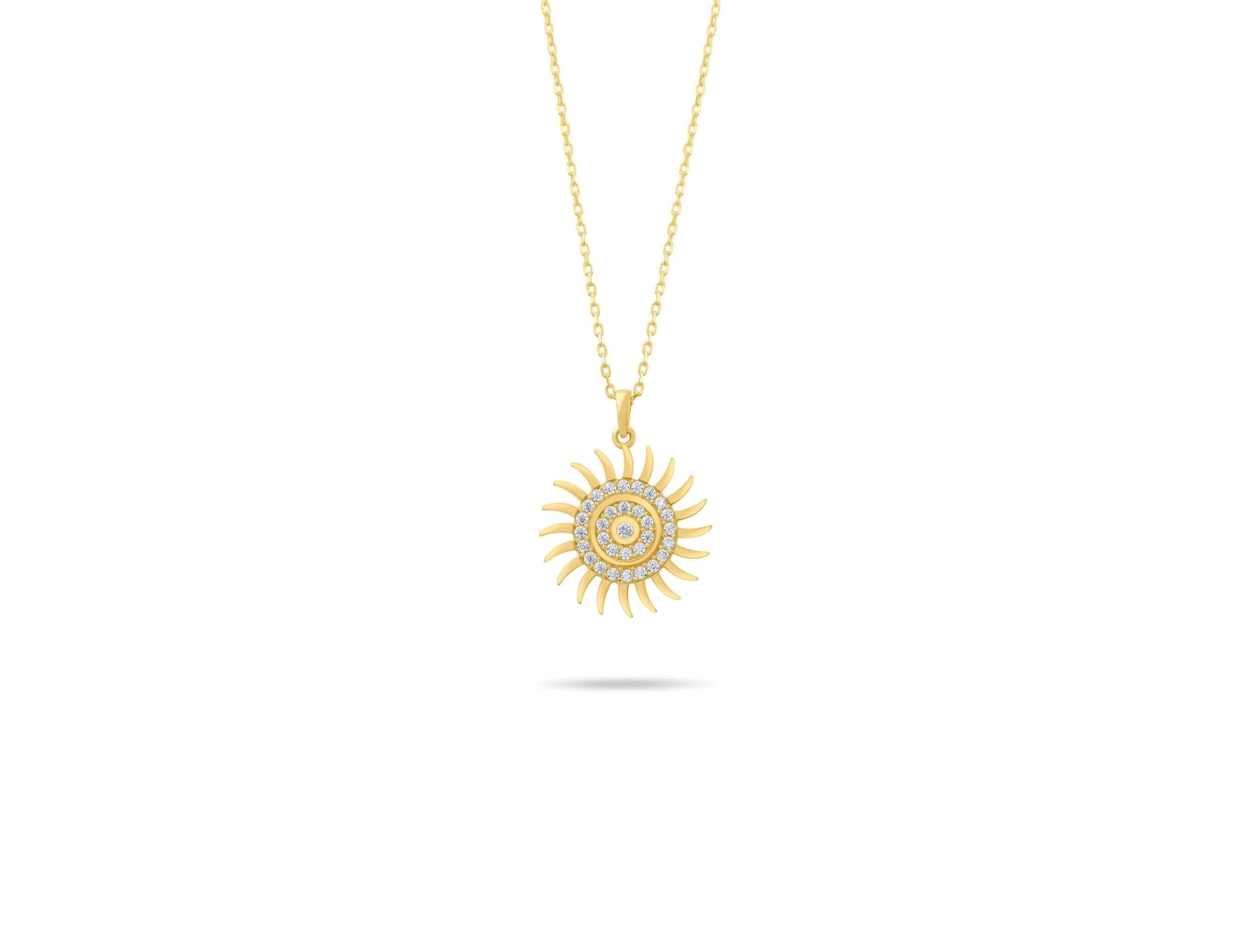 14K Solid Gold Sun Necklace - Real Gold Sun Pendant