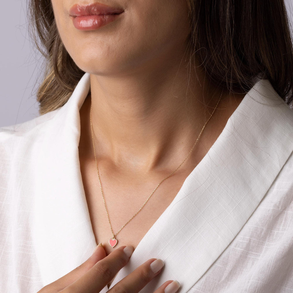 14K Solid Gold Red Heart Necklace - Enamel Love Pendant