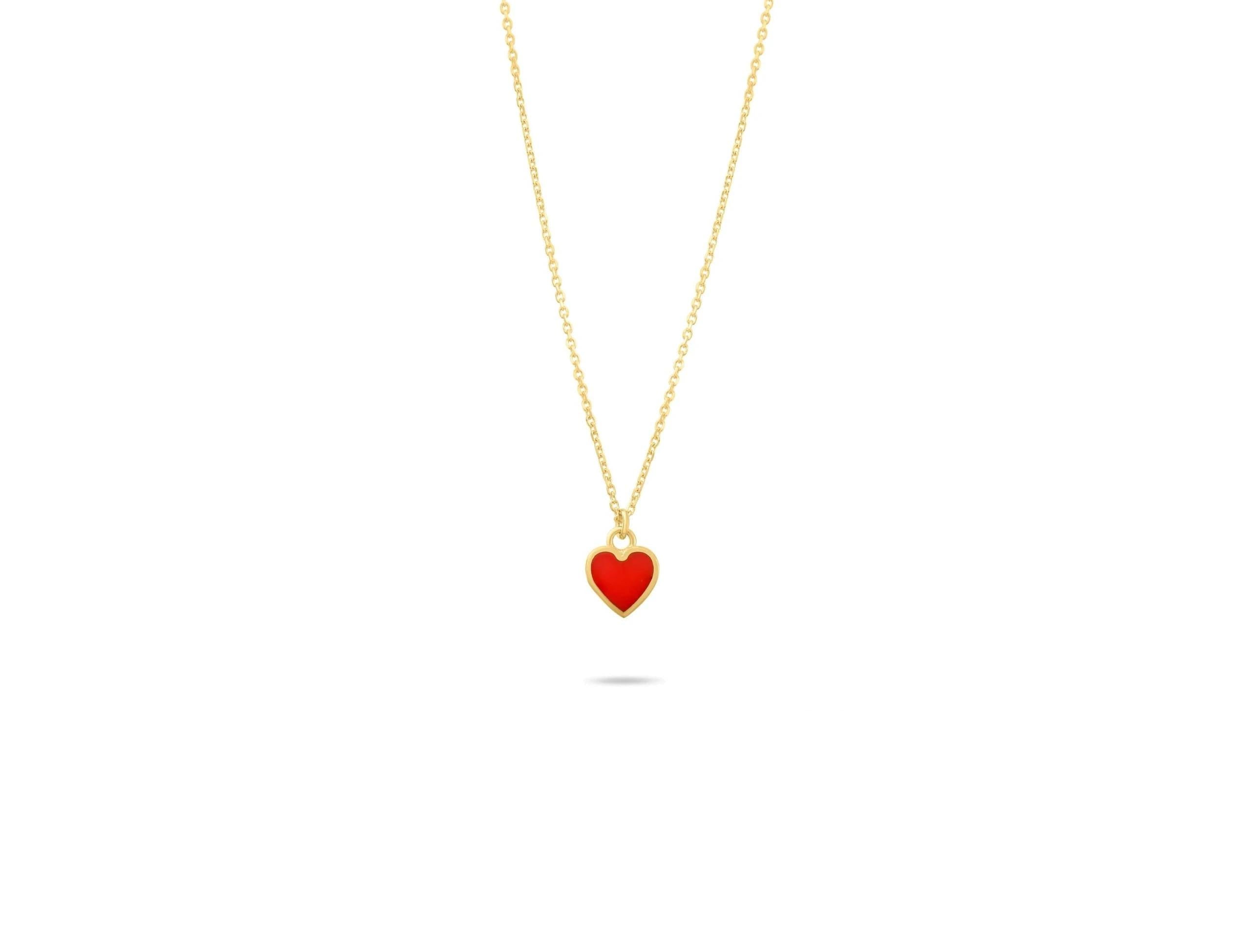 14K Solid Gold Red Heart Necklace - Enamel Love Pendant