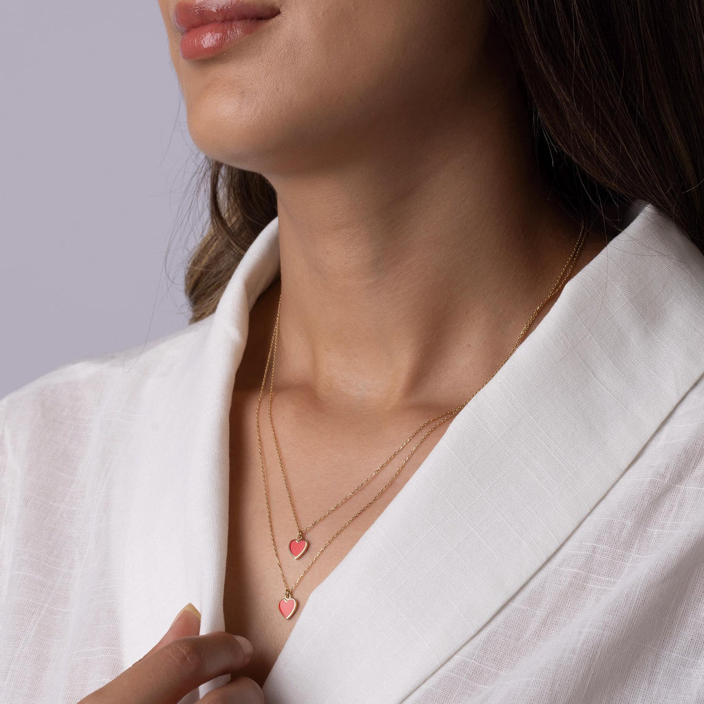 14K Solid Gold Red Heart Necklace - Enamel Love Pendant