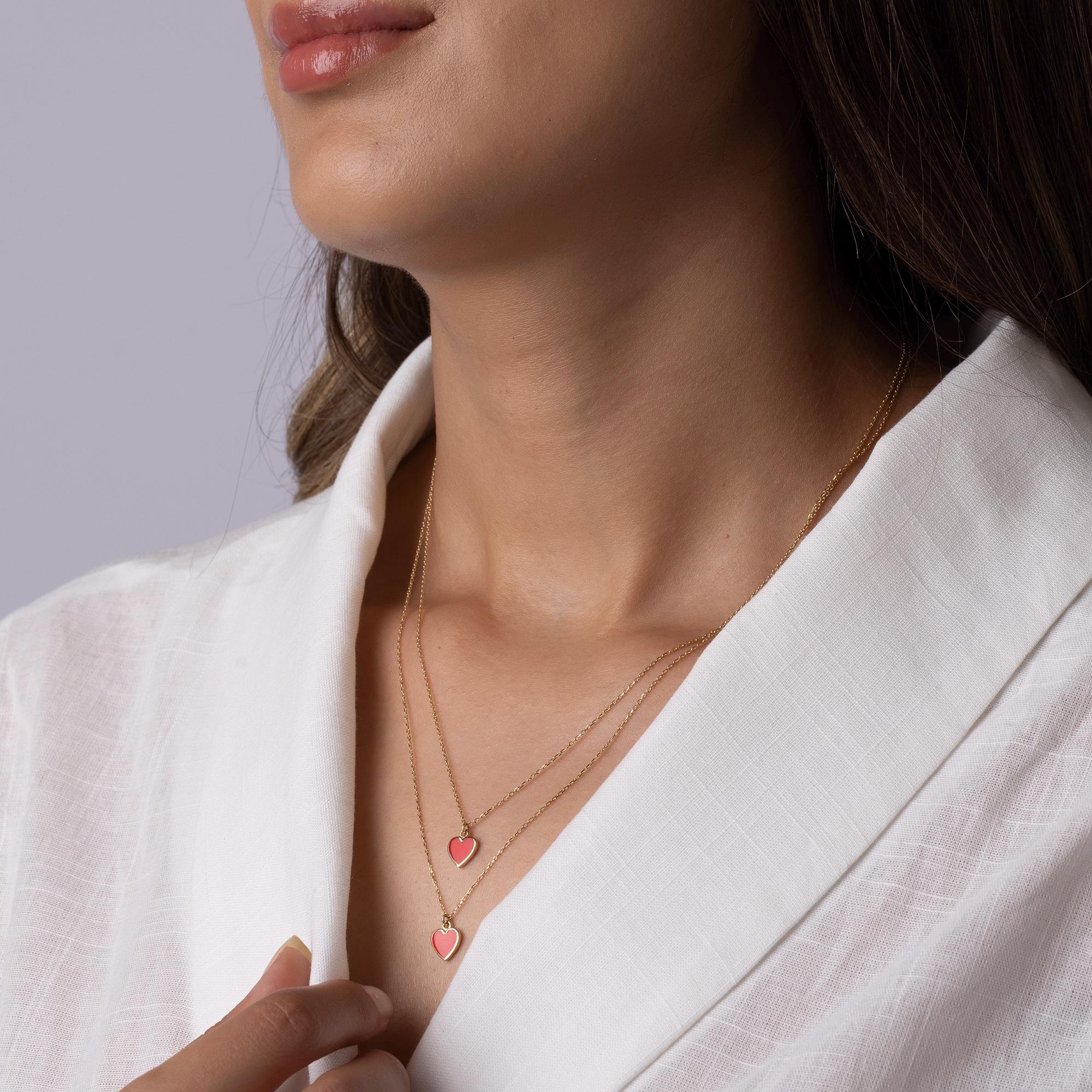 14K Solid Gold Red Heart Necklace - Enamel Love Pendant