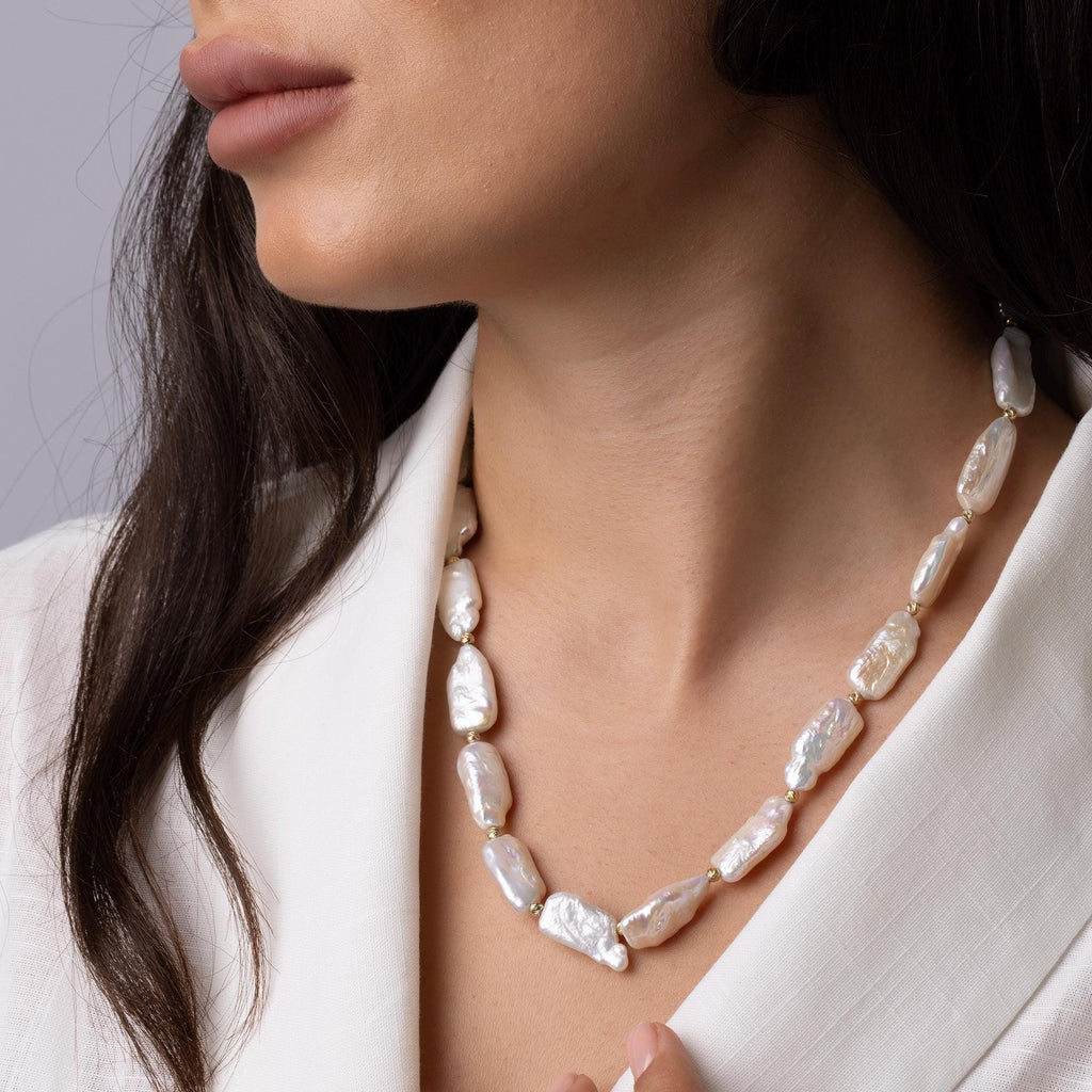 14K Gold Baroque Pearl Necklace - Natural Freshwater Pearls with Gold Beads