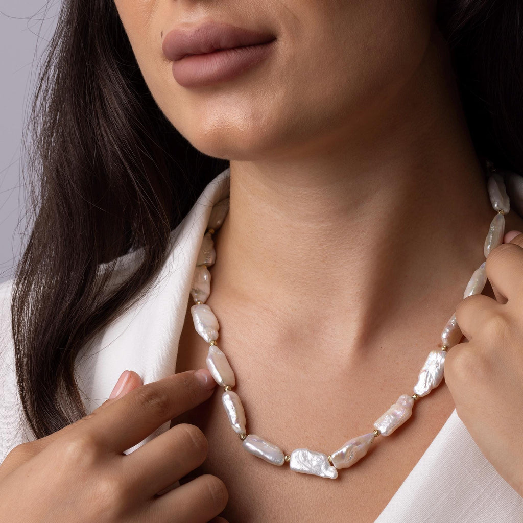 14K Gold Baroque Pearl Necklace - Natural Freshwater Pearls with Gold Beads