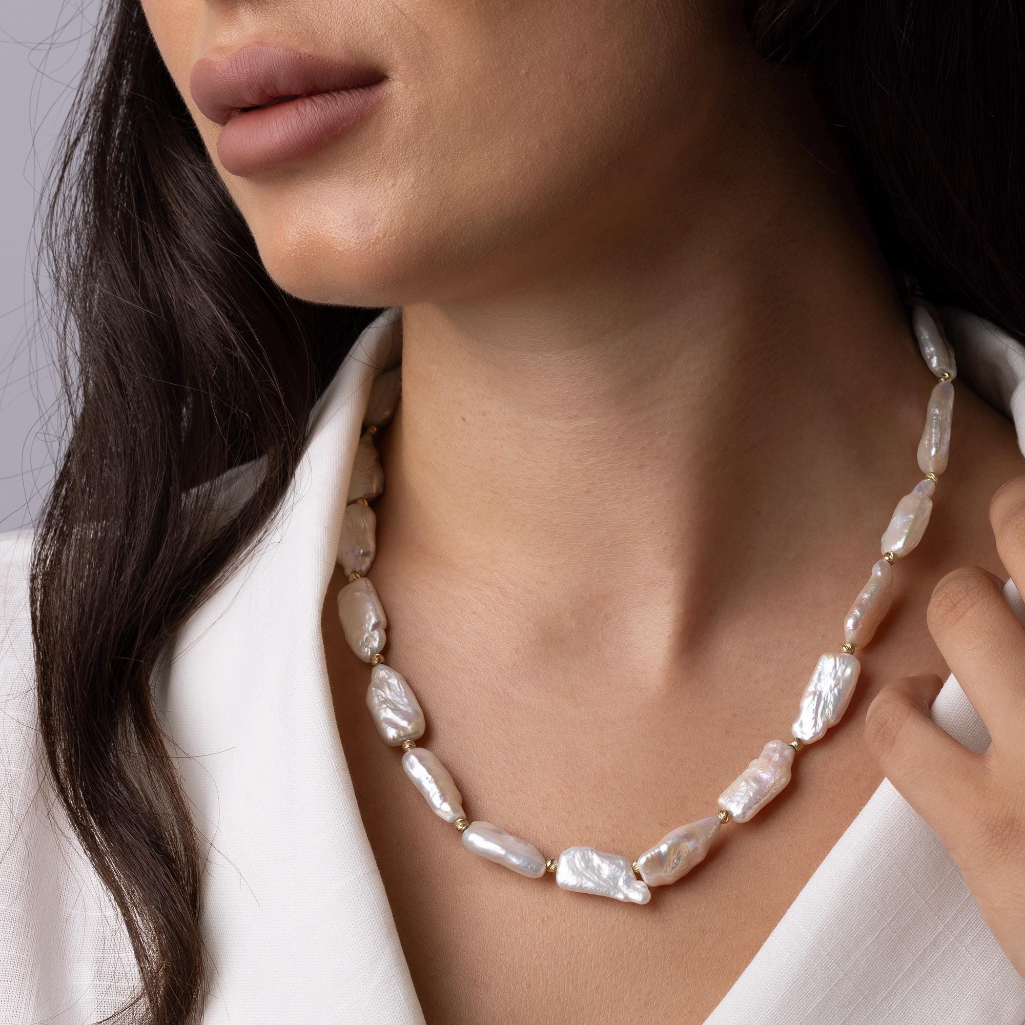 14K Gold Baroque Pearl Necklace - Natural Freshwater Pearls with Gold Beads