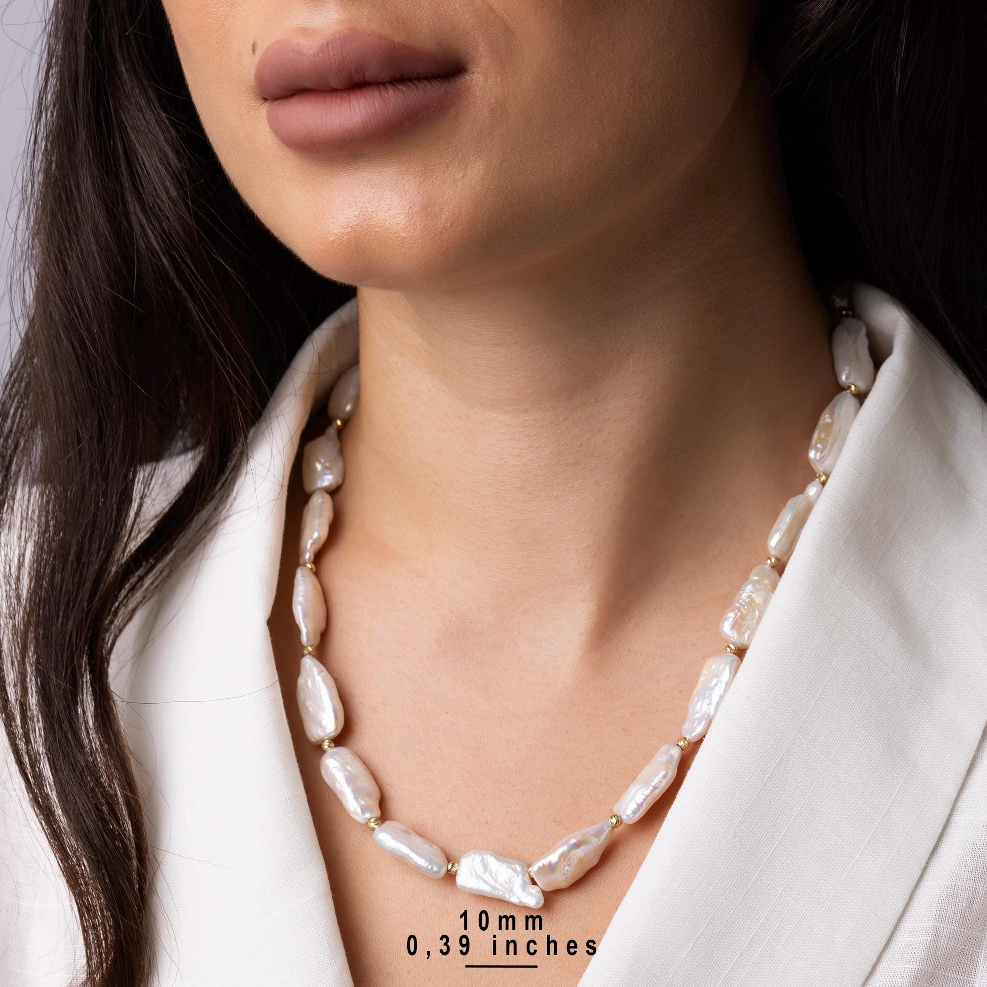 14K Gold Baroque Pearl Necklace - Natural Freshwater Pearls with Gold Beads