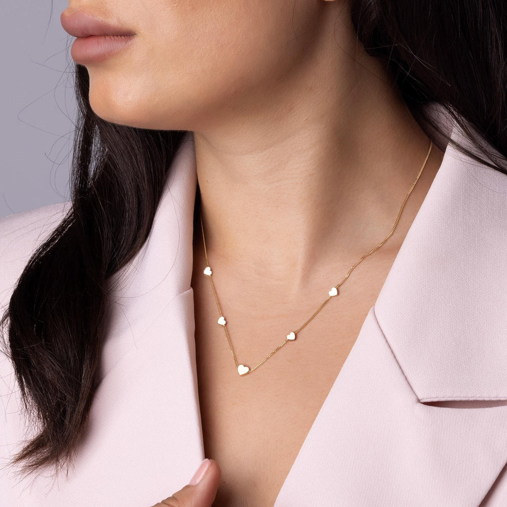 14K Solid Gold Heart Station Necklace - Dainty Real Gold Five Heart Chain