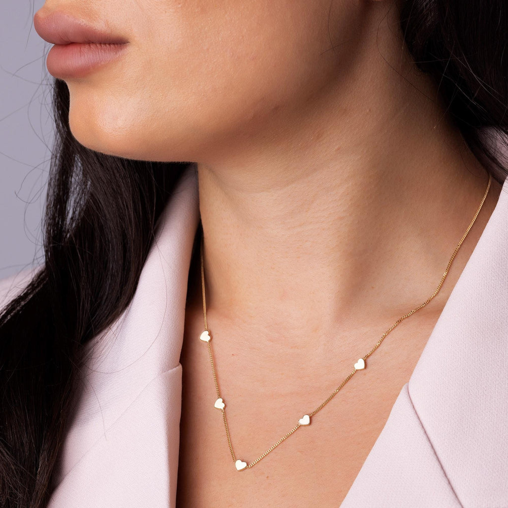 14K Solid Gold Heart Station Necklace - Dainty Real Gold Five Heart Chain