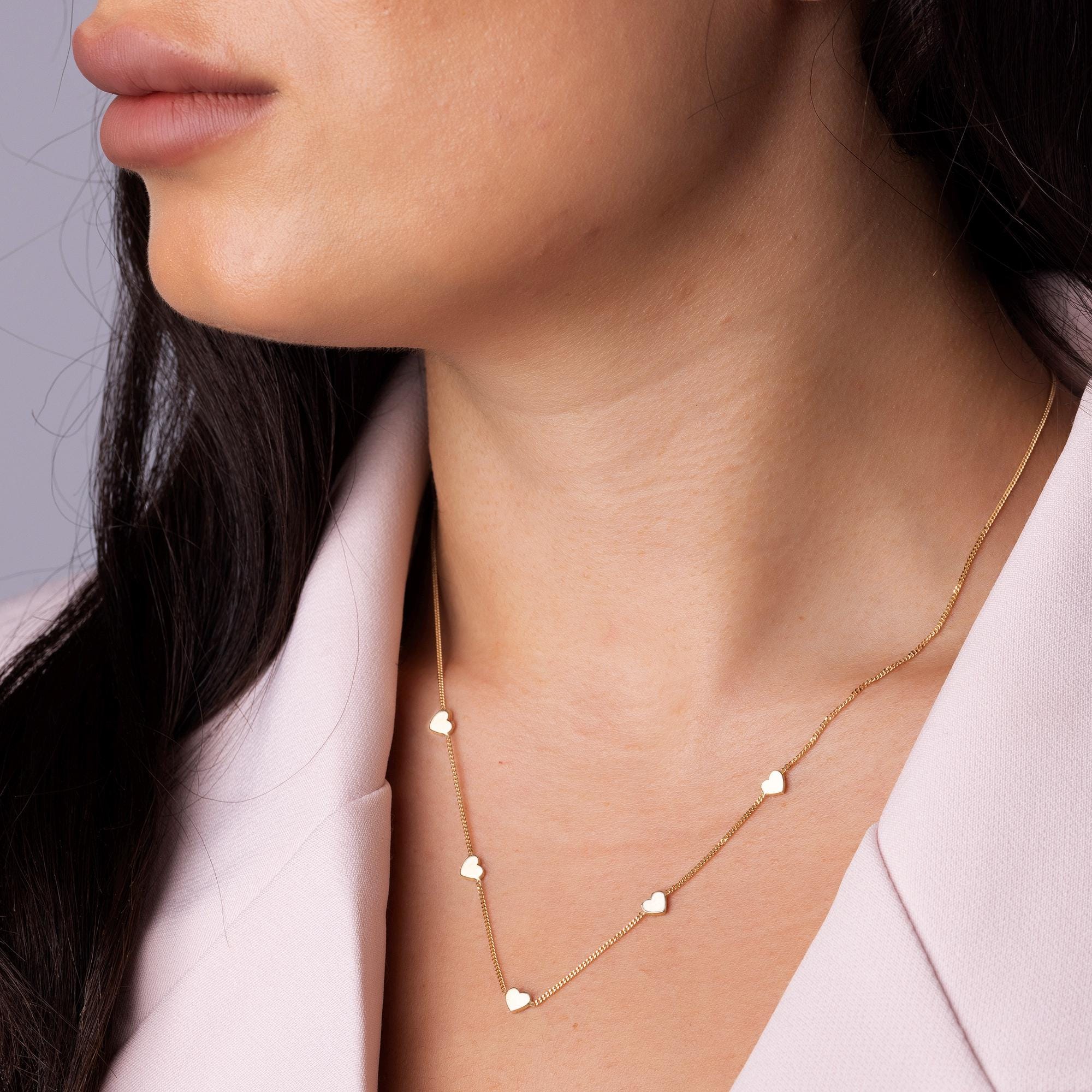 14K Solid Gold Heart Station Necklace - Dainty Real Gold Five Heart Chain