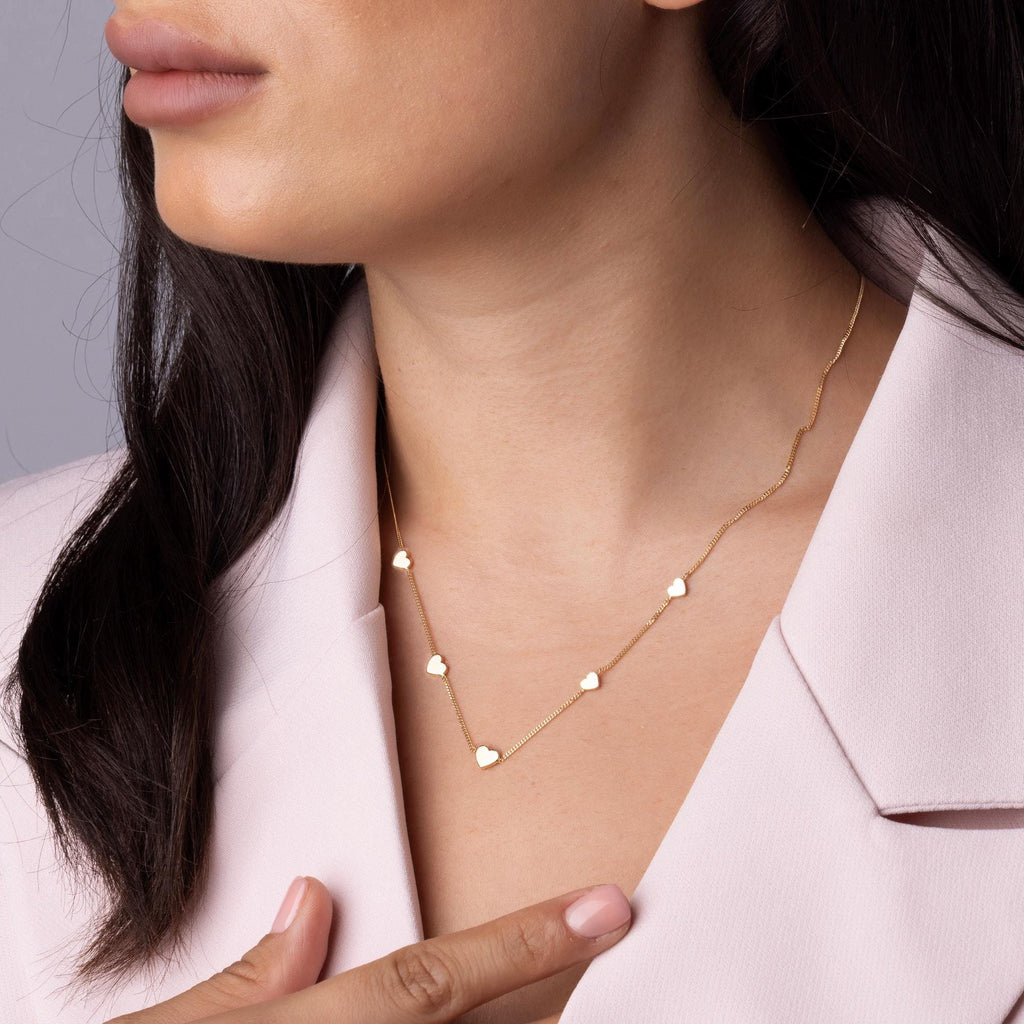 14K Solid Gold Heart Station Necklace - Dainty Real Gold Five Heart Chain