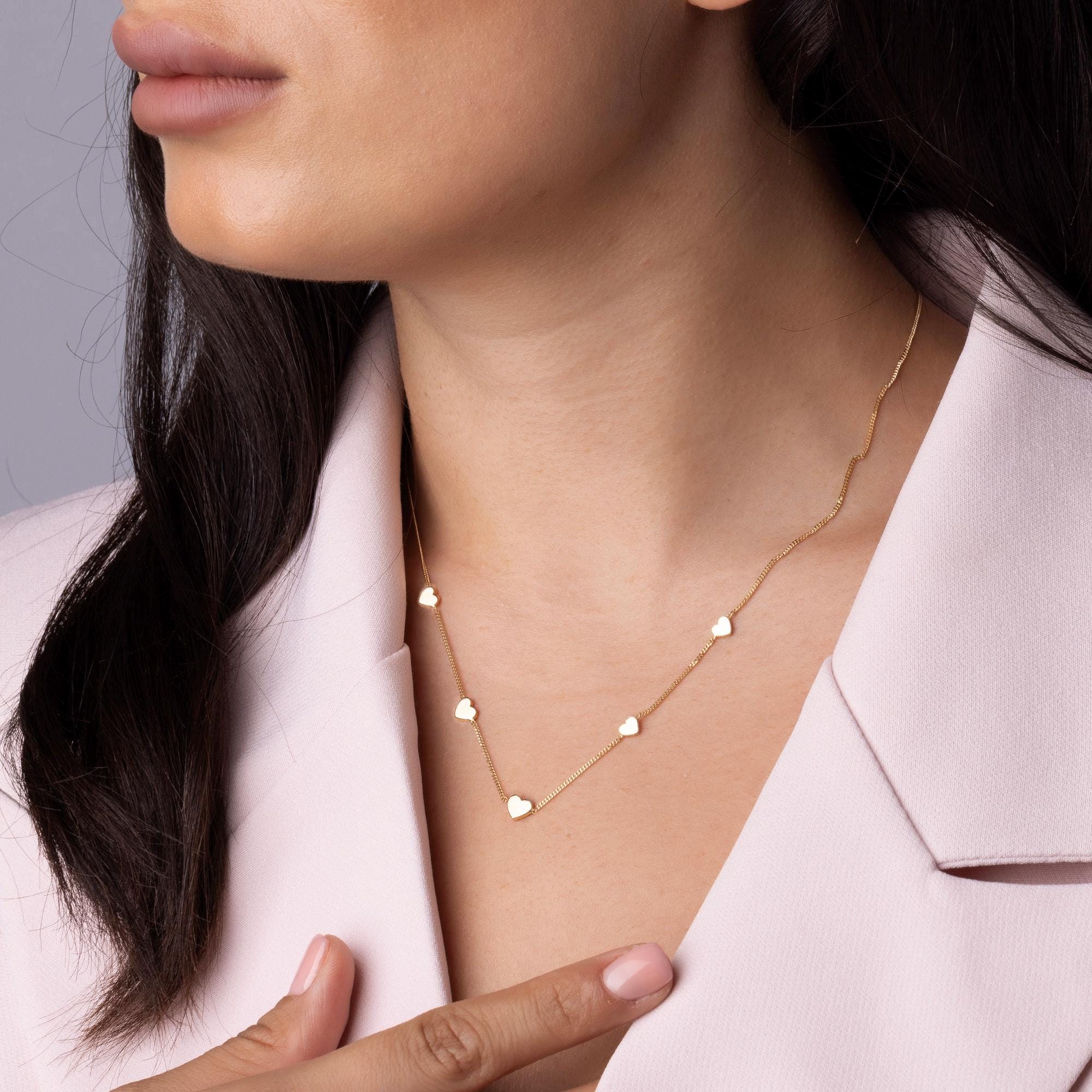 14K Solid Gold Heart Station Necklace - Dainty Real Gold Five Heart Chain