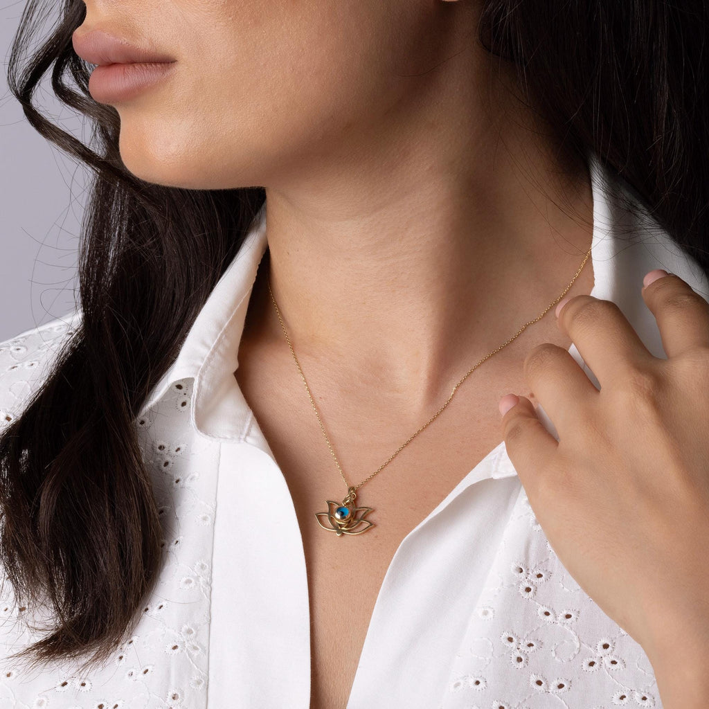 14K Solid Gold Lotus Necklace - Evil Eye Protection Pendant