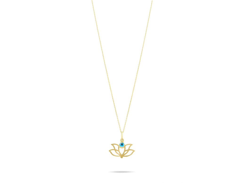 14K Solid Gold Lotus Necklace - Evil Eye Protection Pendant