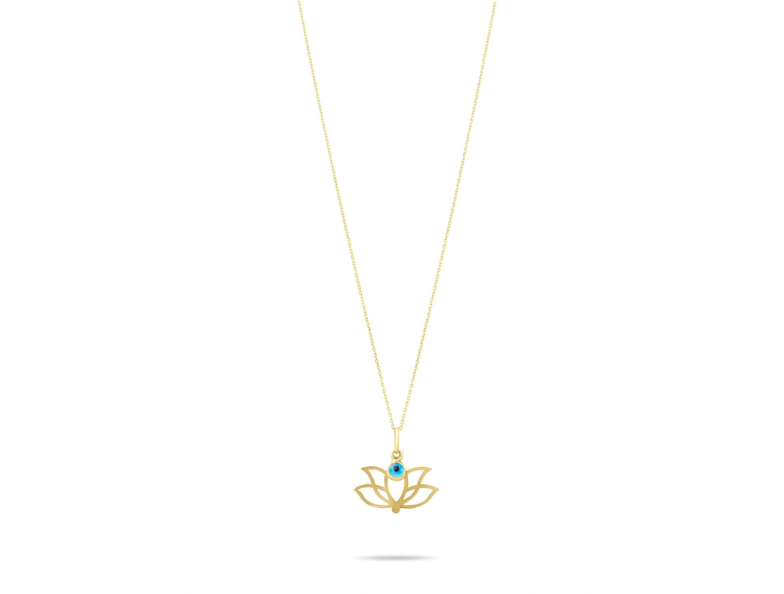 14K Solid Gold Lotus Necklace - Evil Eye Protection Pendant