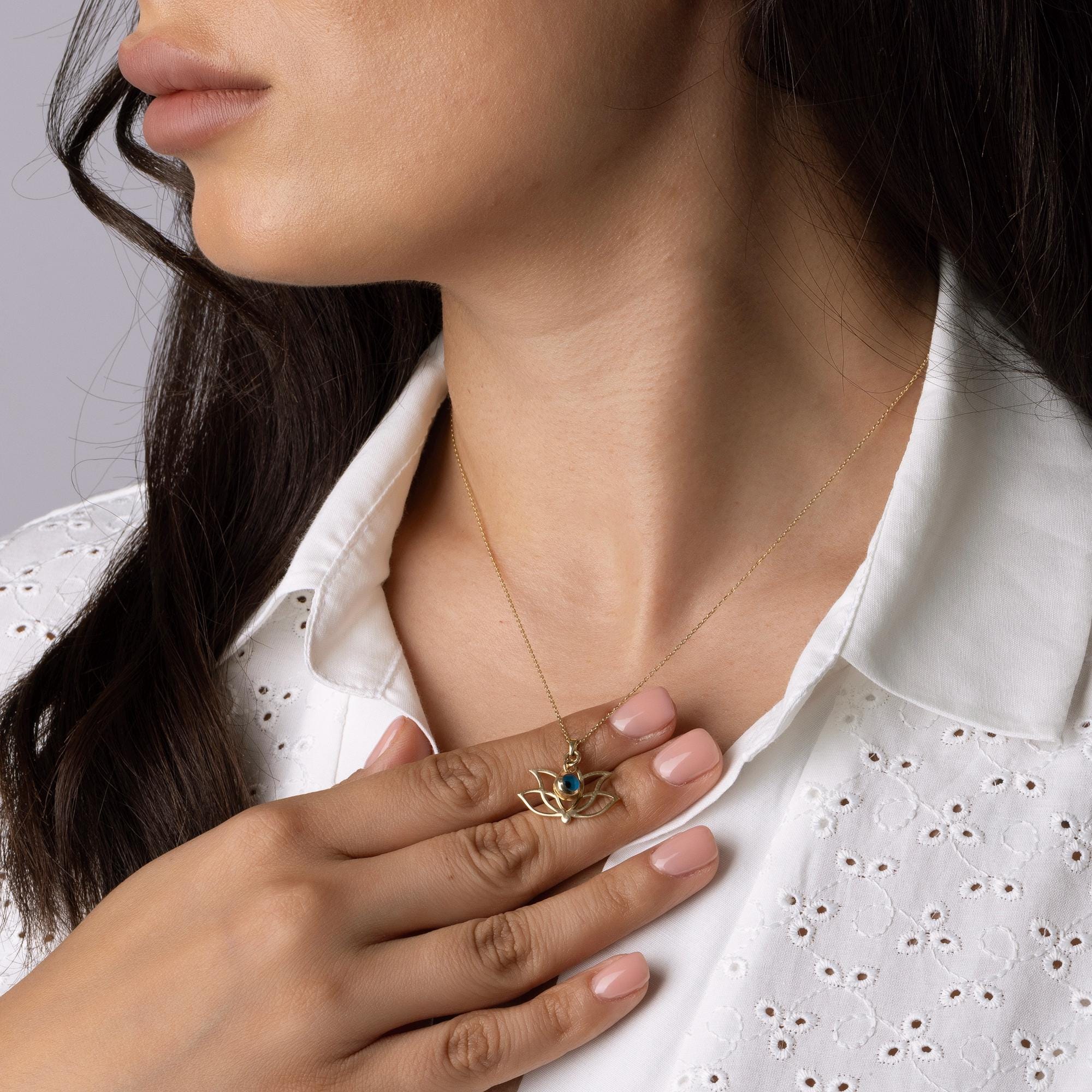 14K Solid Gold Lotus Necklace - Evil Eye Protection Pendant