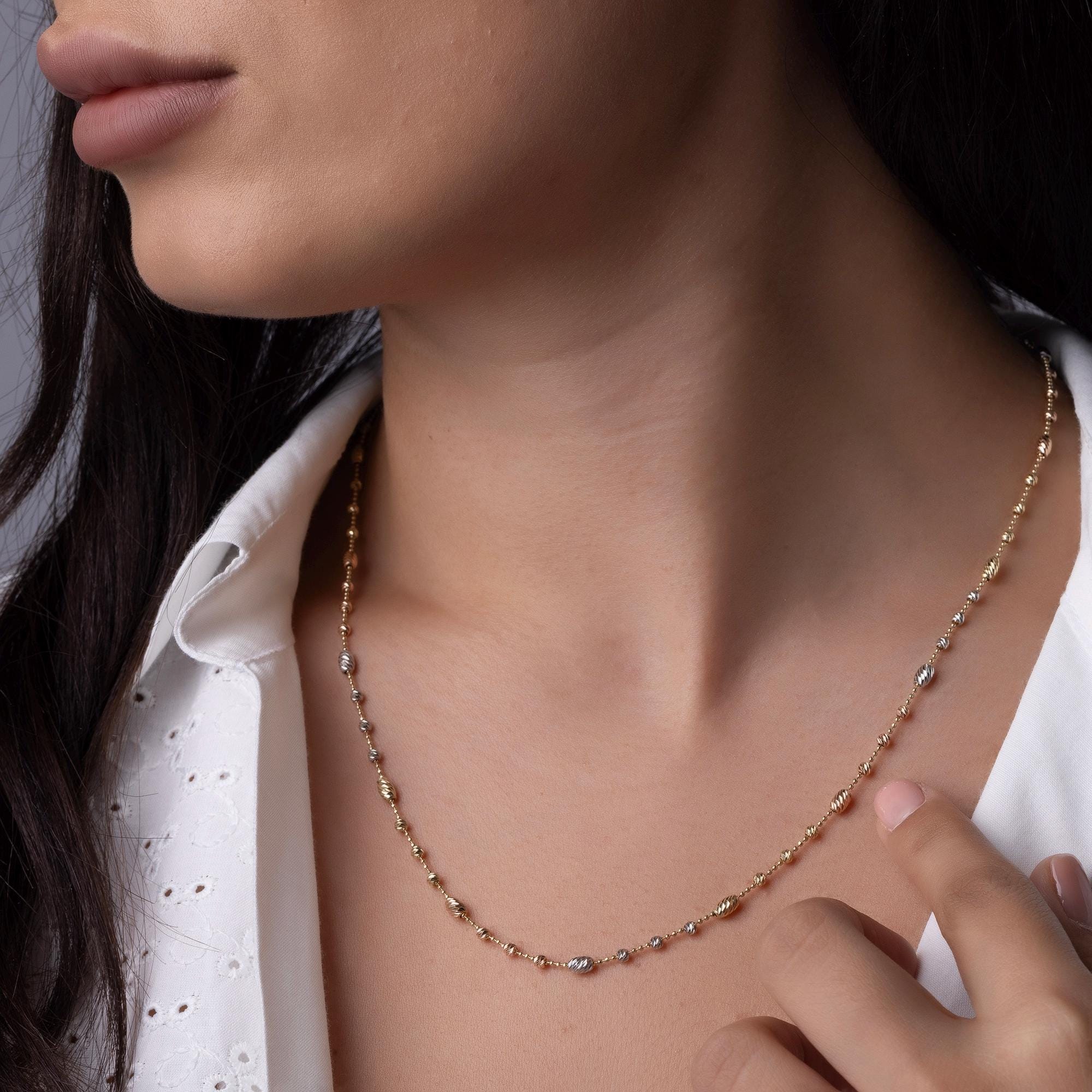 14K Solid Gold Two Tone Beaded Necklace – Minimalist Yellow & White Gold Chain, Elegant Everyday Jewelry Gift for Women