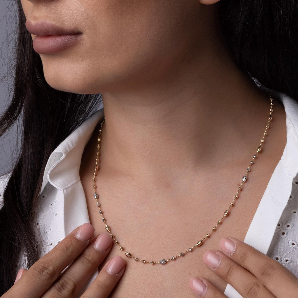 14K Solid Gold Two Tone Beaded Necklace – Minimalist Yellow & White Gold Chain, Elegant Everyday Jewelry Gift for Women