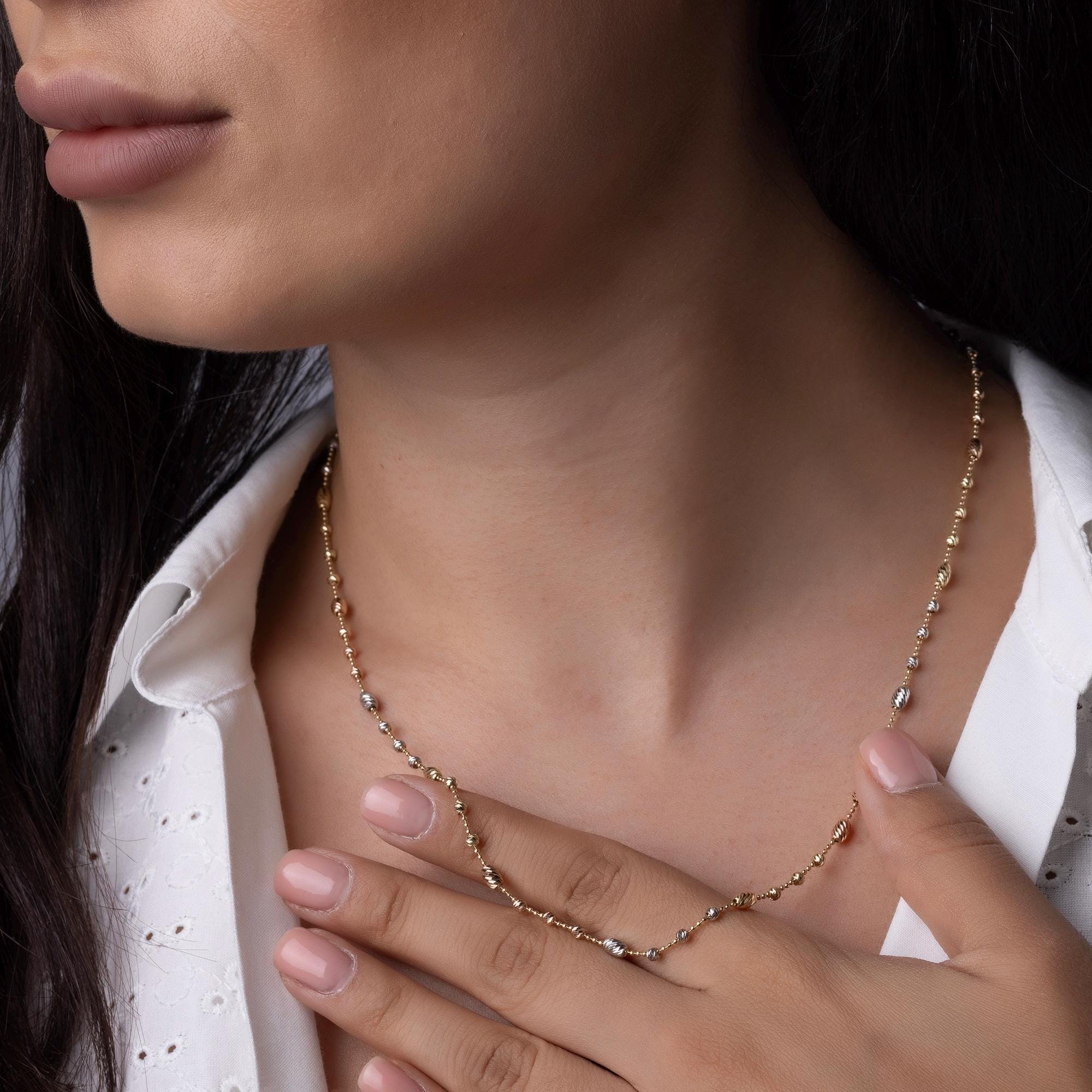 14K Solid Gold Two Tone Beaded Necklace – Minimalist Yellow & White Gold Chain, Elegant Everyday Jewelry Gift for Women