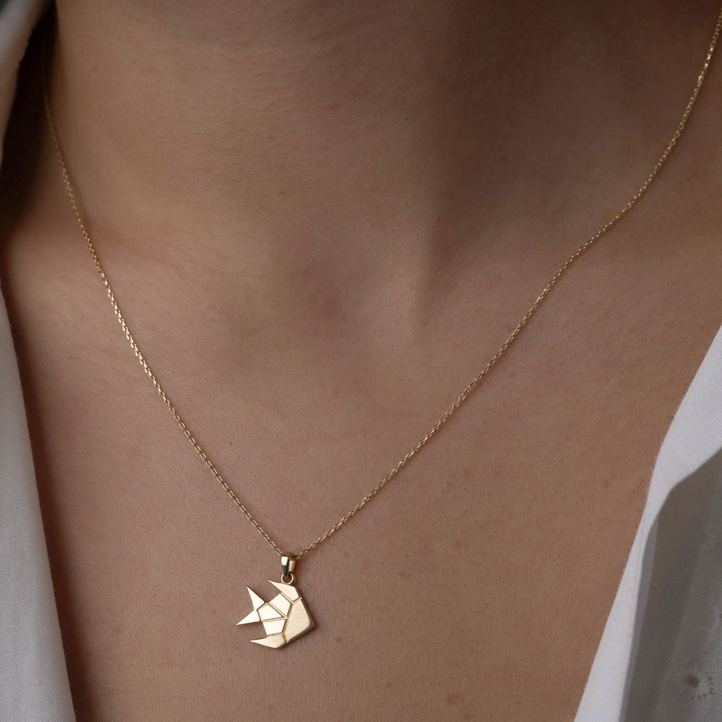 14K Solid Gold Origami Fish Necklace - Geometric Animal Pendant
