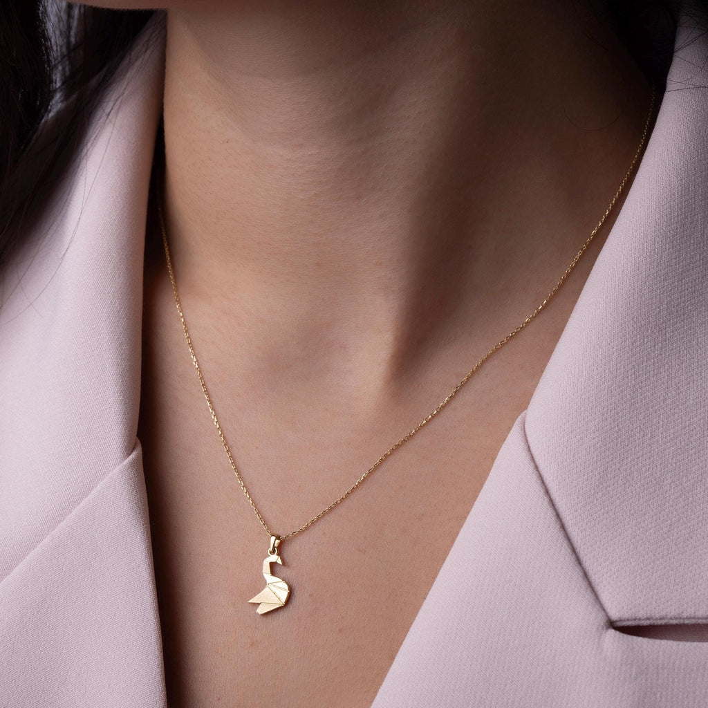 14K Solid Gold Swan Necklace - Origami Bird Pendant
