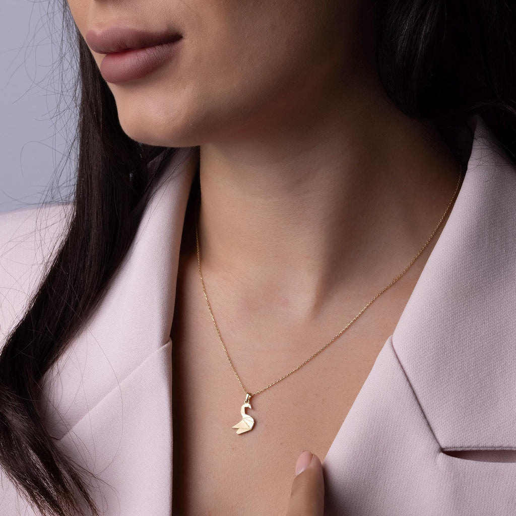 14K Solid Gold Swan Necklace - Origami Bird Pendant