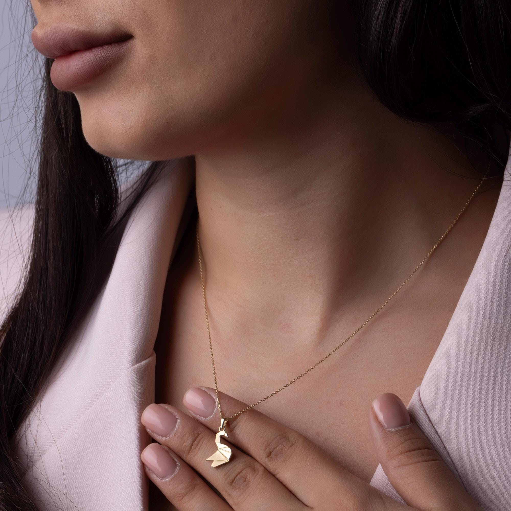 14K Solid Gold Swan Necklace - Origami Bird Pendant