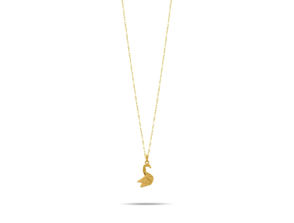 14K Solid Gold Swan Necklace - Origami Bird Pendant