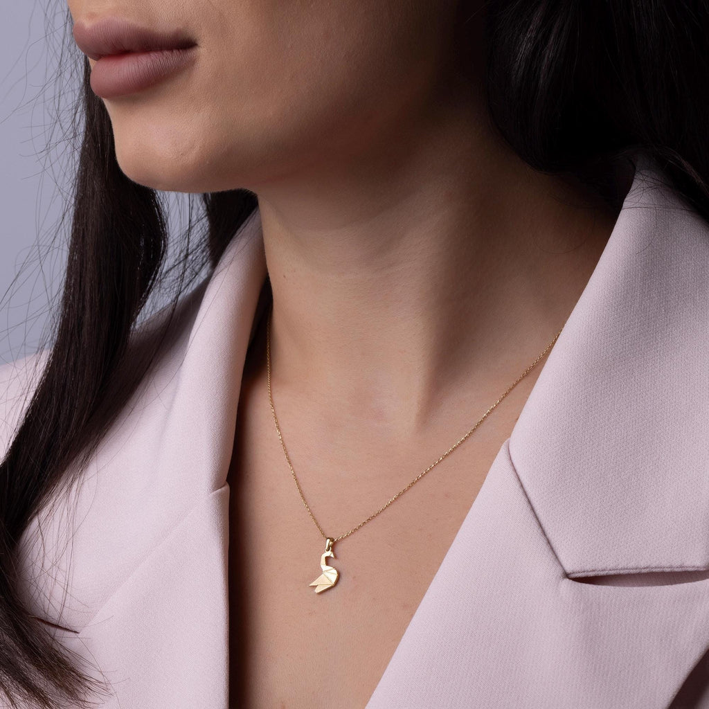 14K Solid Gold Swan Necklace - Origami Bird Pendant