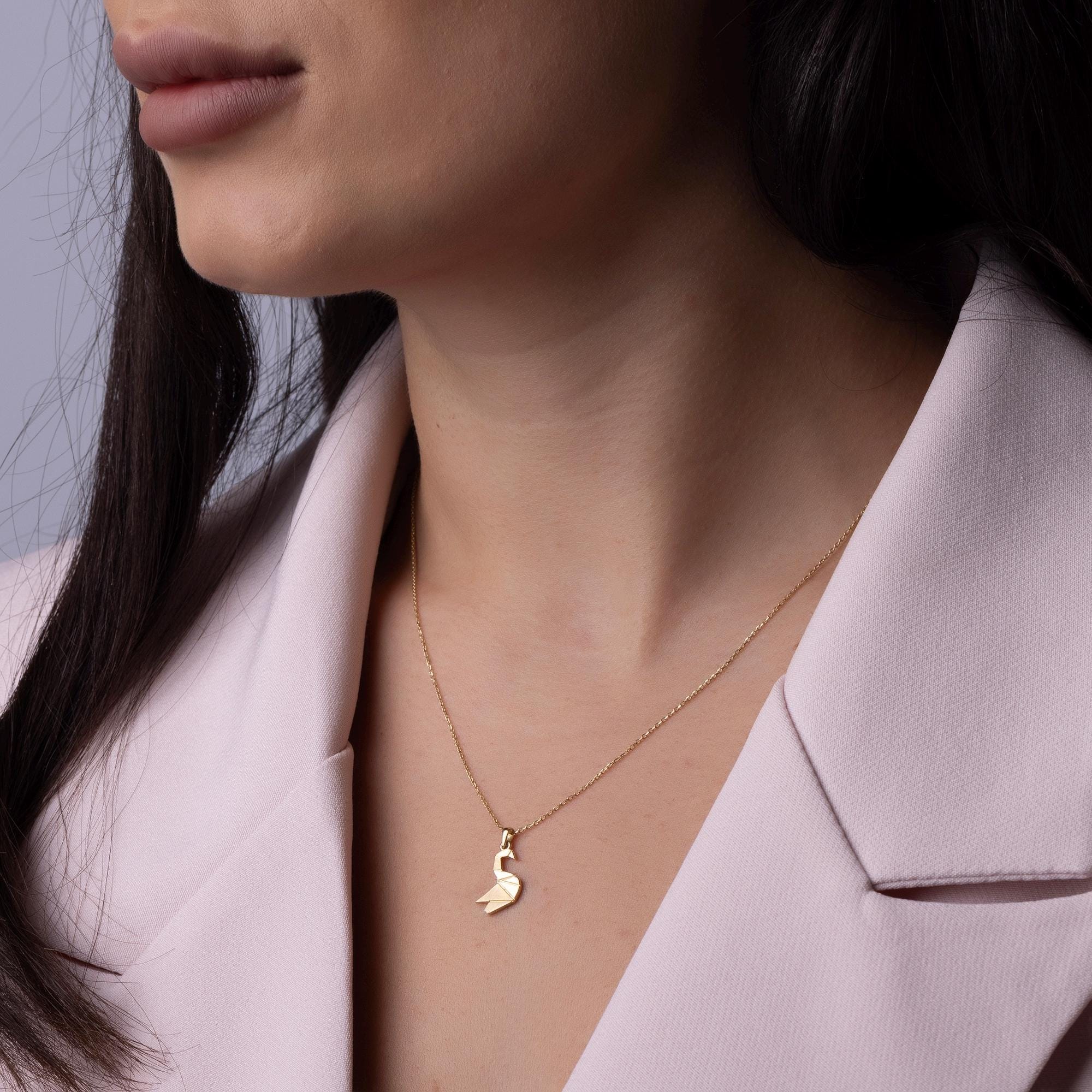 14K Solid Gold Swan Necklace - Origami Bird Pendant