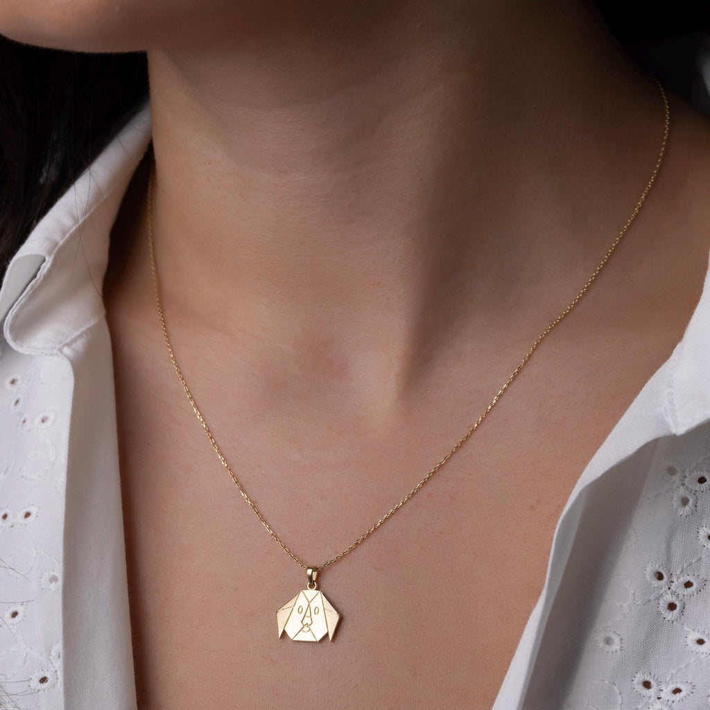 14K Solid Gold Dog Necklace - Origami Puppy Pendant - Minimalist Animal Jewelry