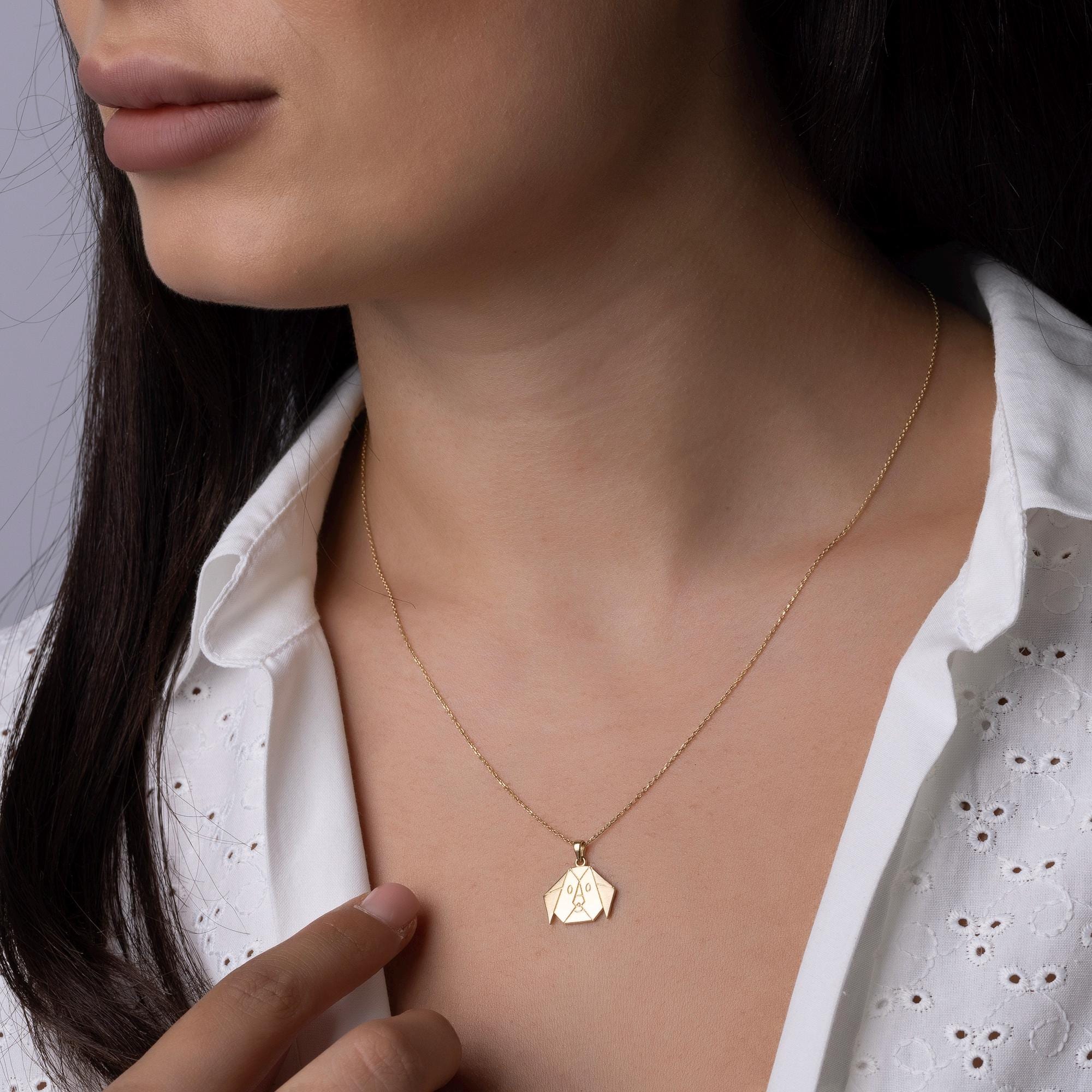 14K Solid Gold Dog Necklace - Origami Puppy Pendant - Minimalist Animal Jewelry