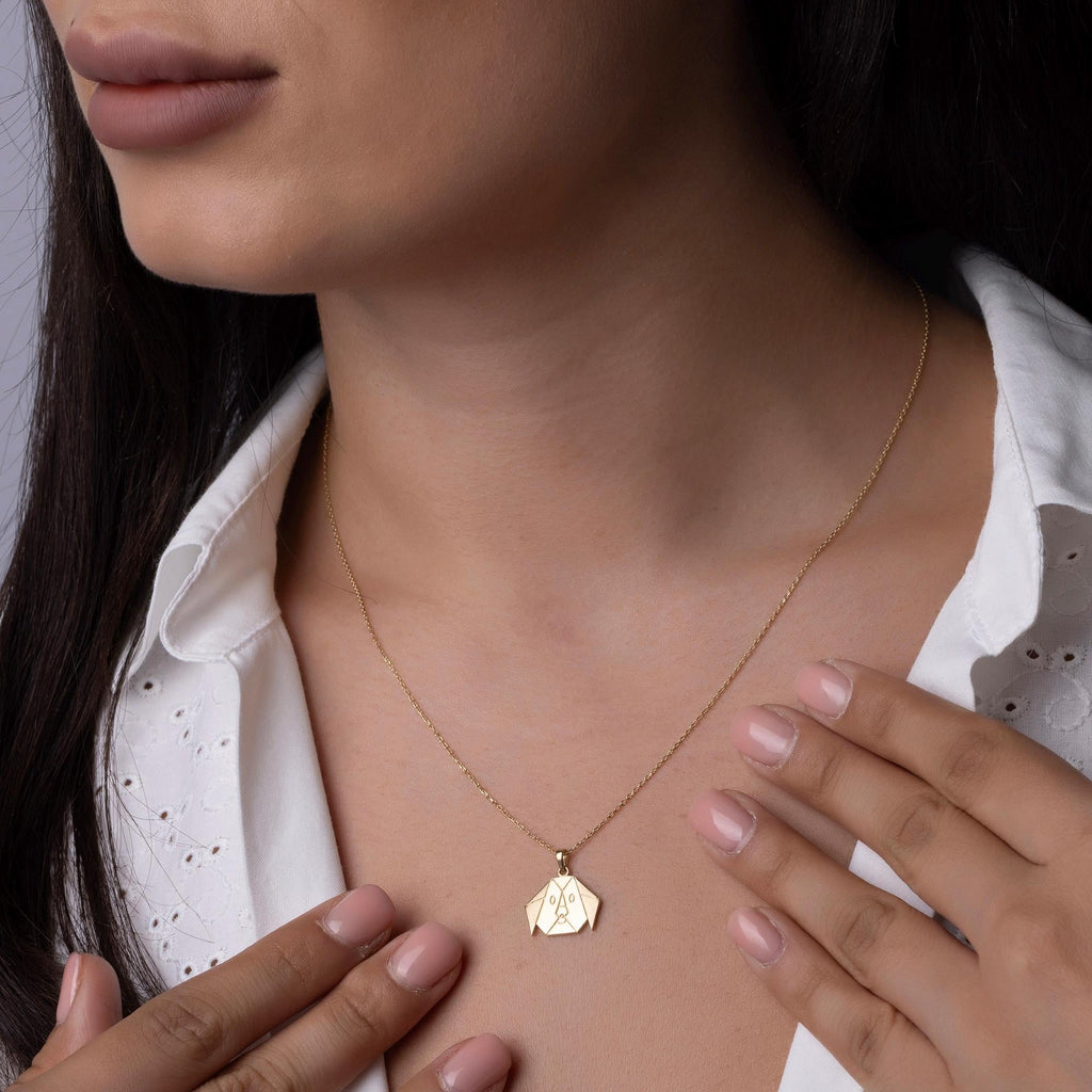 14K Solid Gold Dog Necklace - Origami Puppy Pendant - Minimalist Animal Jewelry