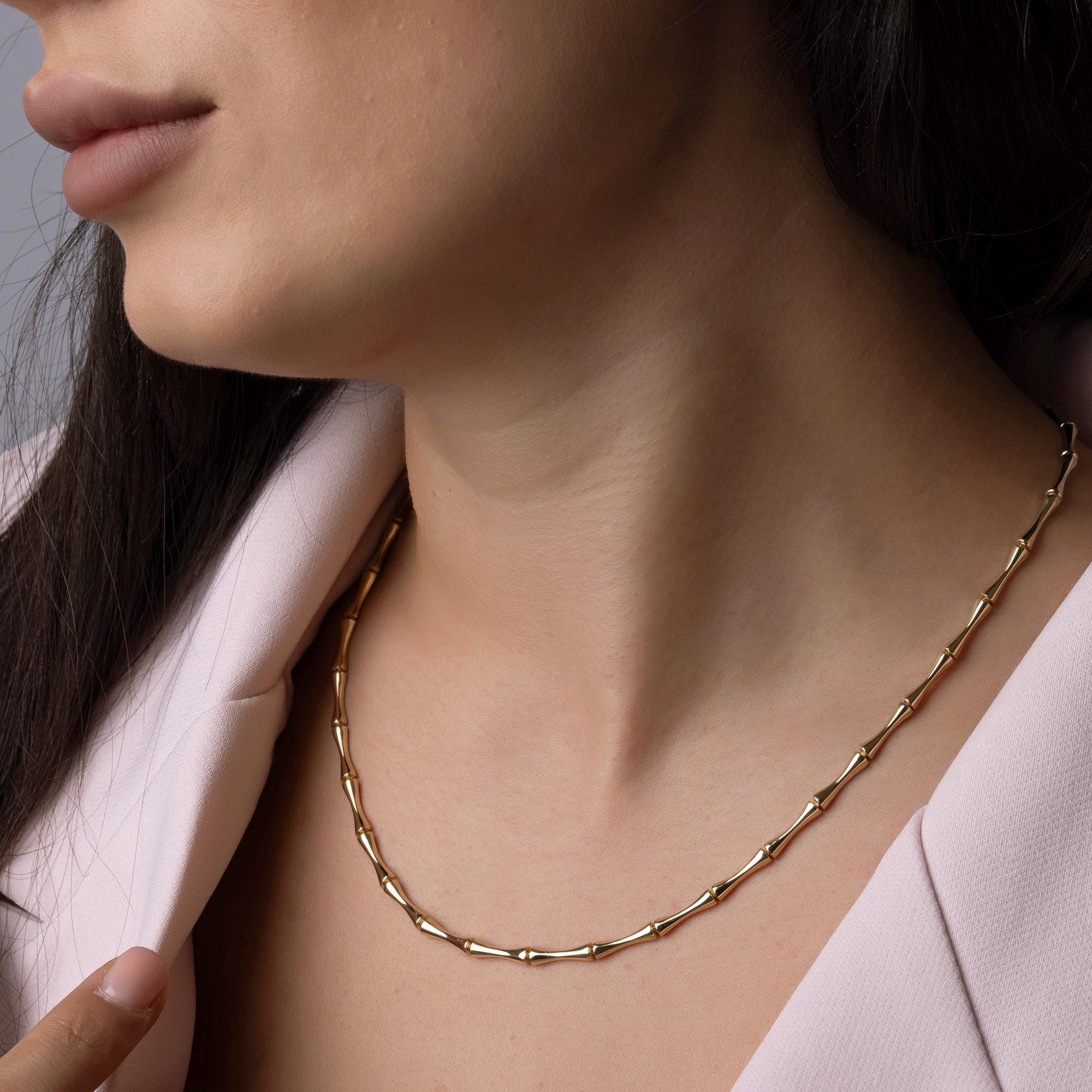 14K Solid Gold Bamboo Chain Necklace - Real Gold Statement Chain