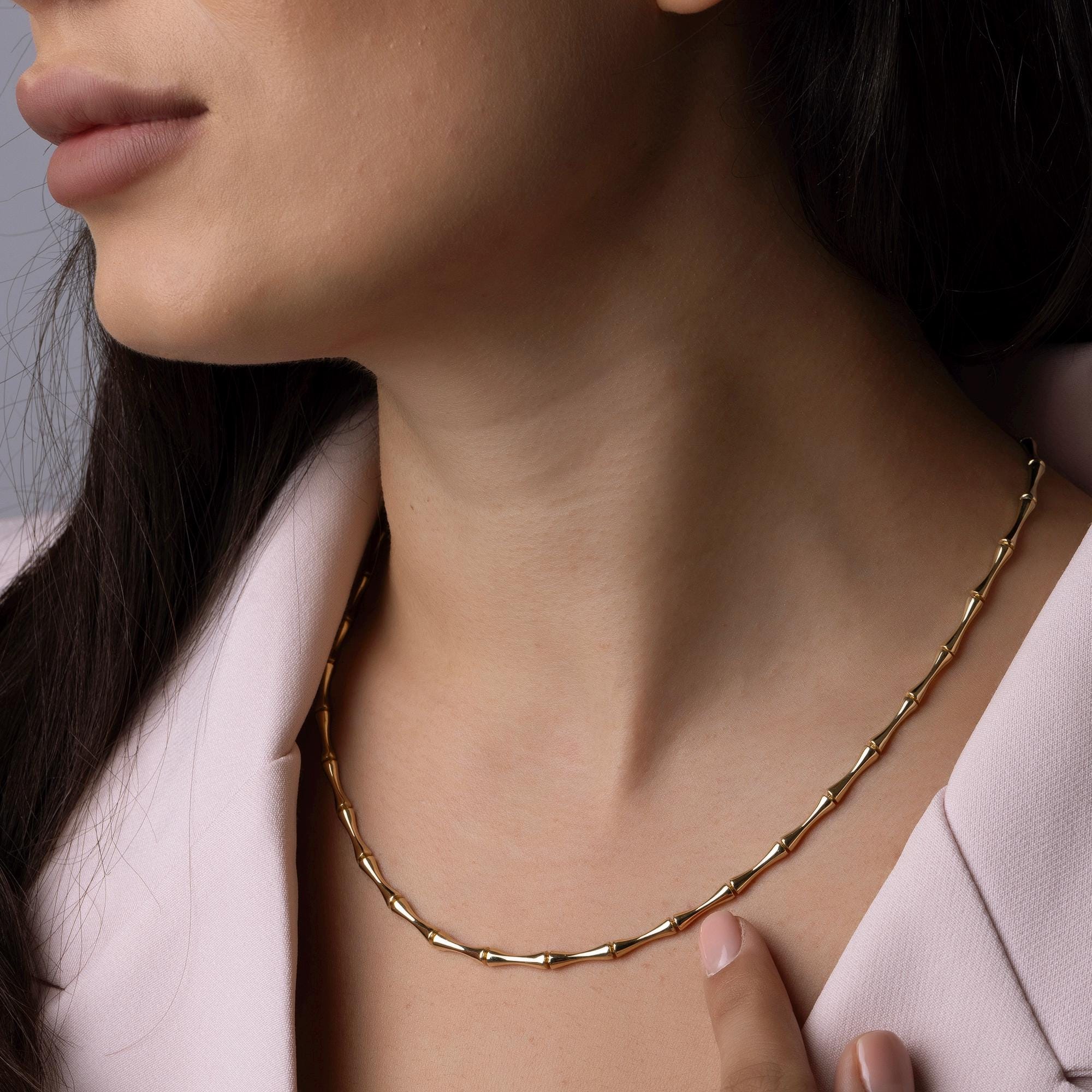 14K Solid Gold Bamboo Chain Necklace - Real Gold Statement Chain