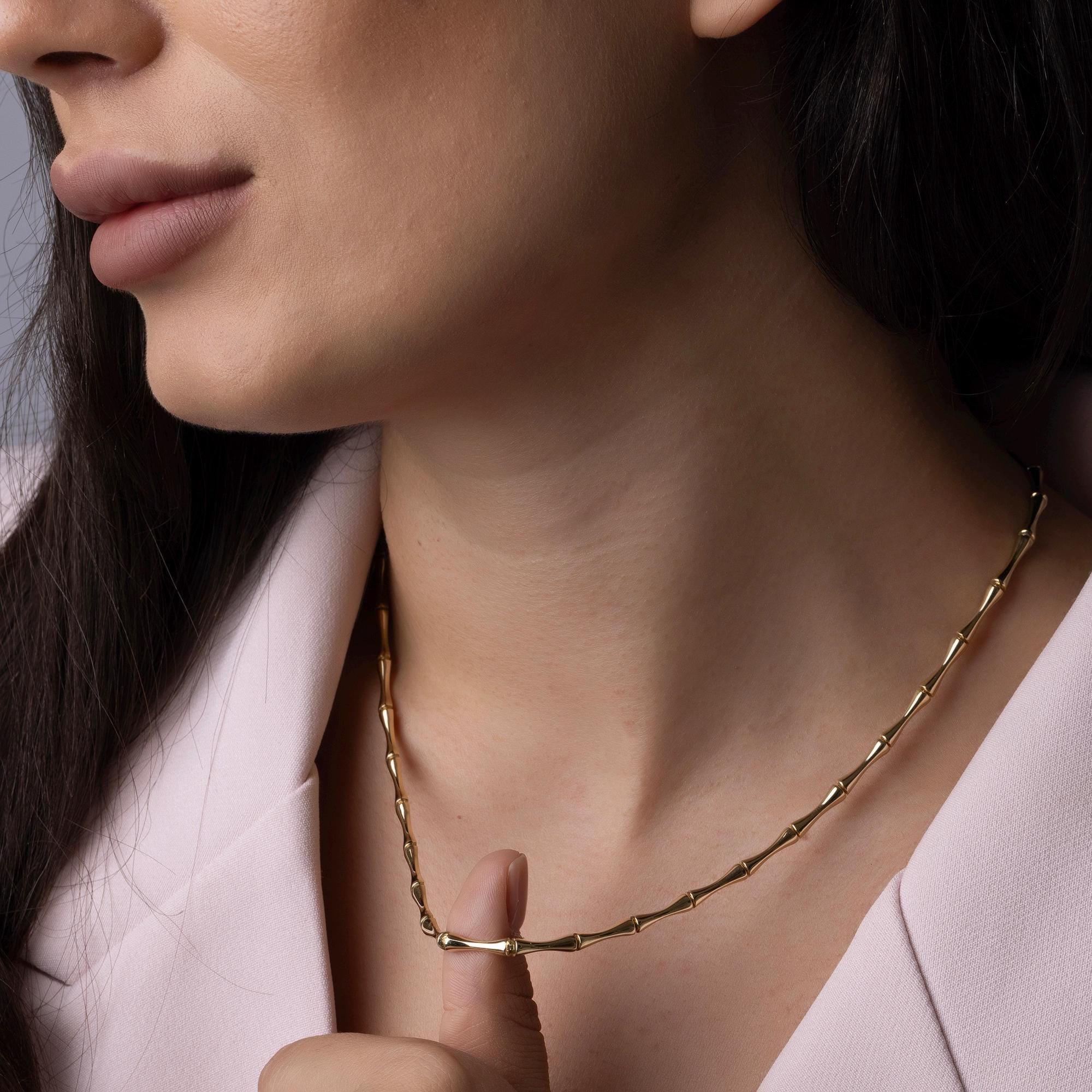 14K Solid Gold Bamboo Chain Necklace - Real Gold Statement Chain