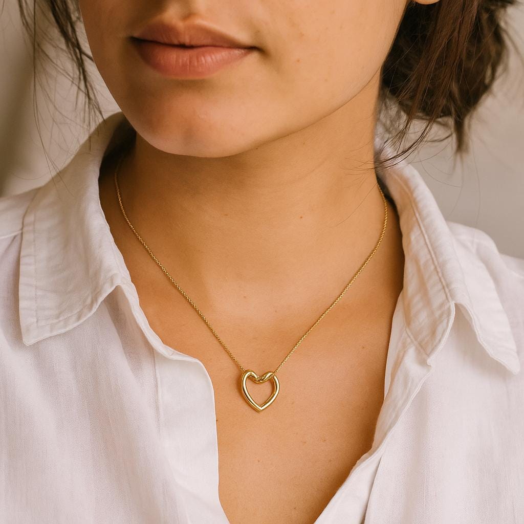 14K Solid Gold Open Heart Necklace - Dainty Love Jewelry Gift
