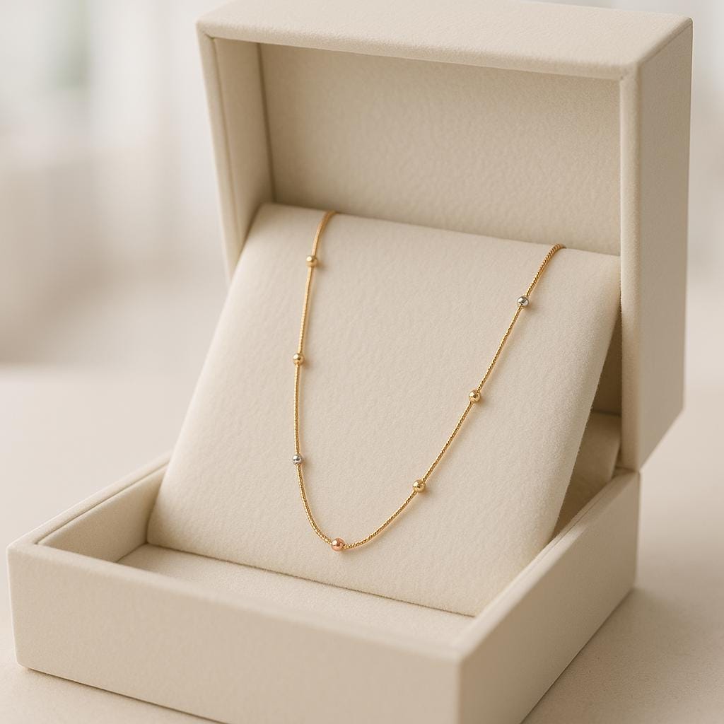 14K Solid Gold Two Tone Bead Necklace, Yellow and White Gold Dainty Chain