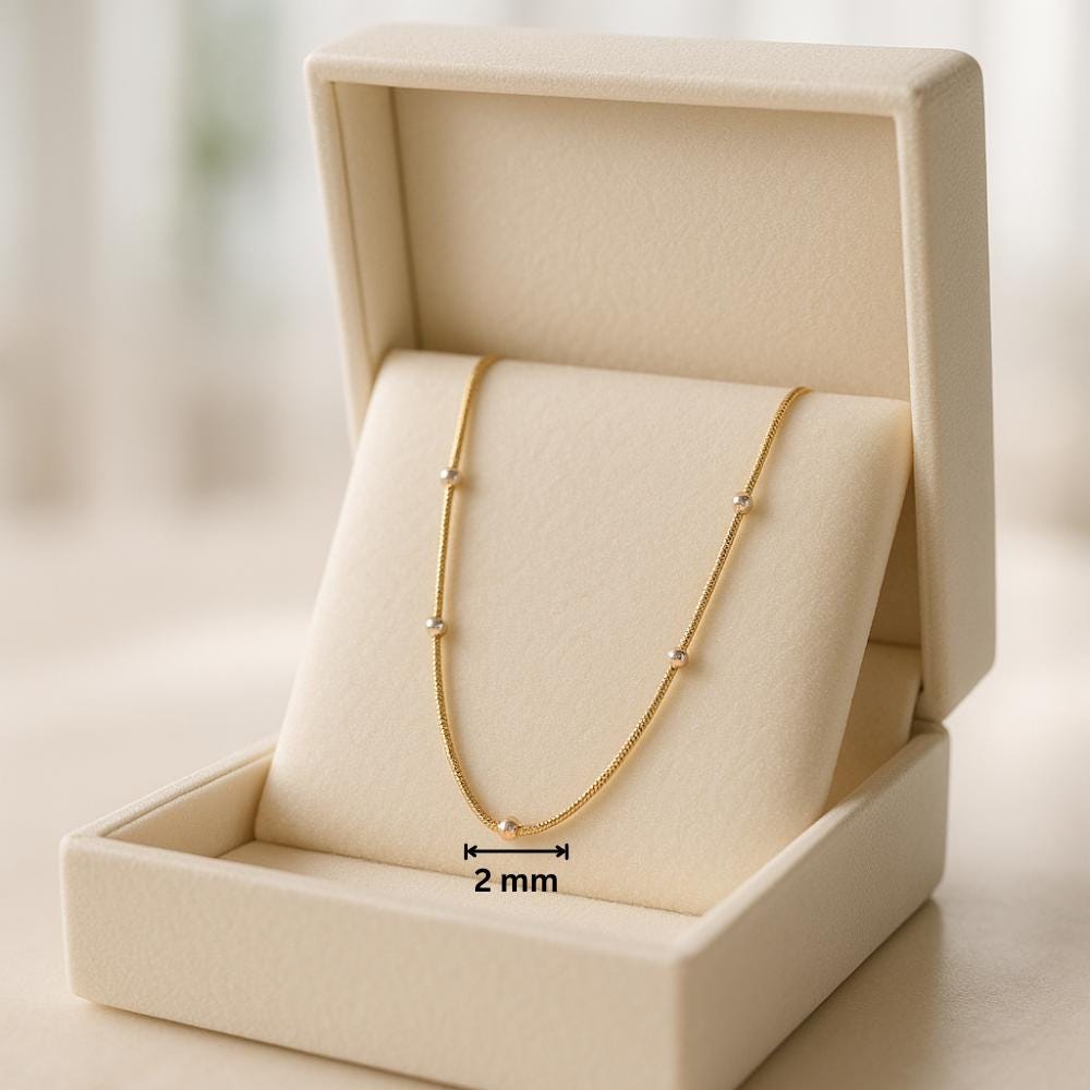 14K Solid Gold Two Tone Bead Necklace, Yellow and White Gold Dainty Chain
