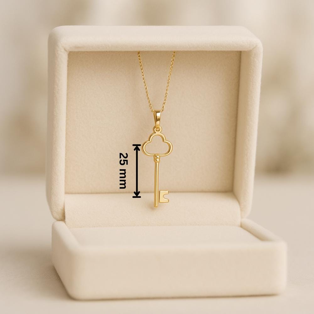14K Solid Gold Key Necklace - Dainty Real Gold Pendant