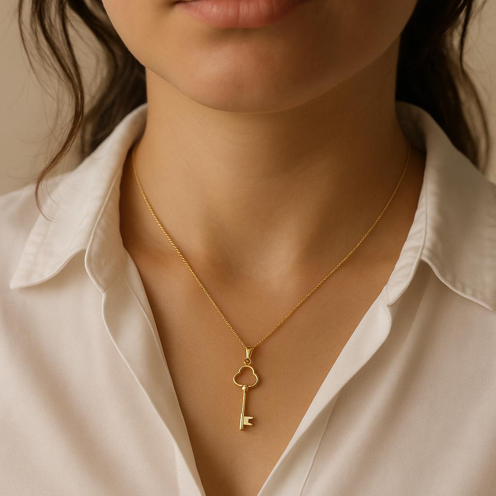 14K Solid Gold Key Necklace - Dainty Real Gold Pendant